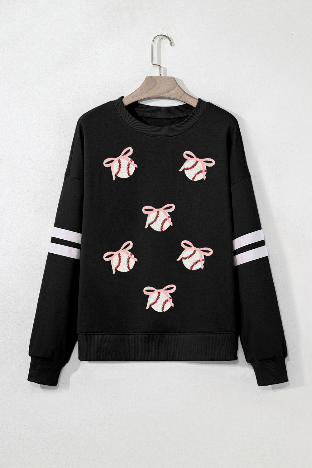 Black Bow Baseball Sequin Patched Oversized Varsity Sweatshirt