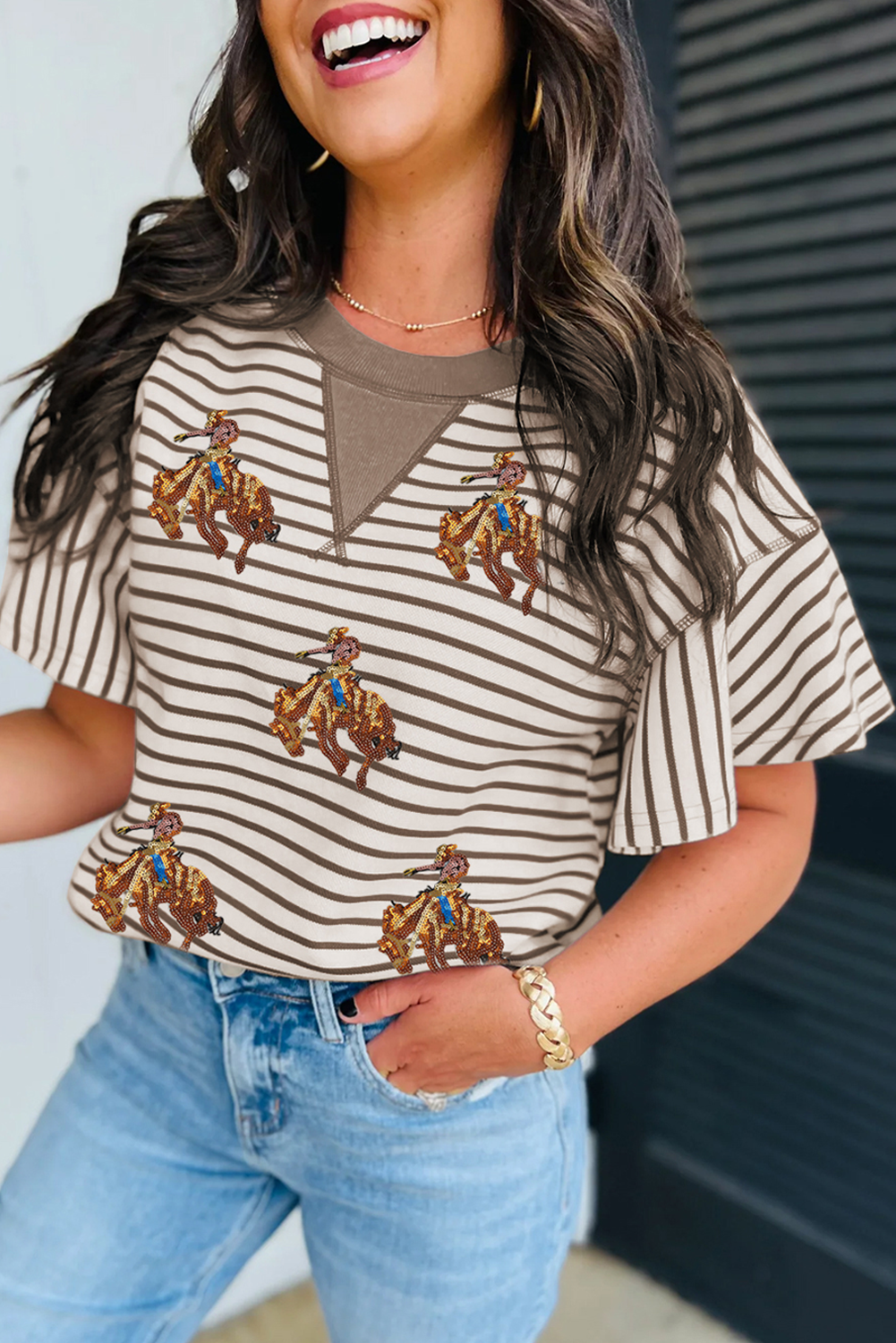 Parchment Sequin Rodeo Patch Pattern Striped Ruffled Sleeve Summer Top