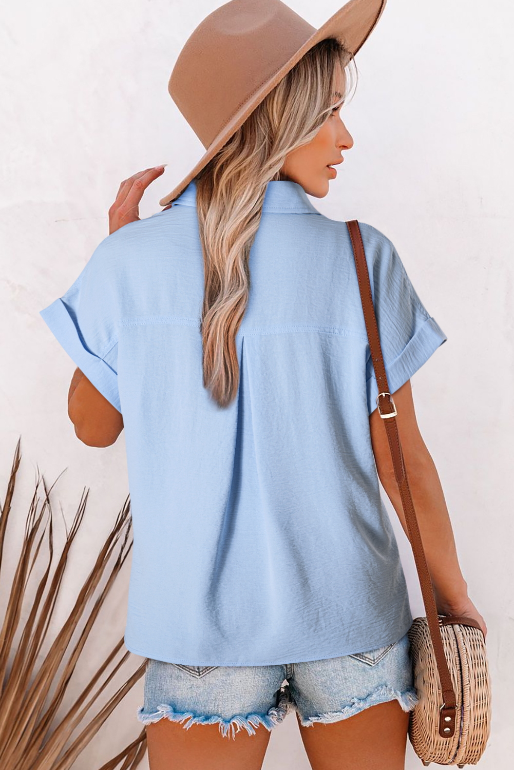 Mist Blue Solid Color Cuffed Short Sleeve Shirt