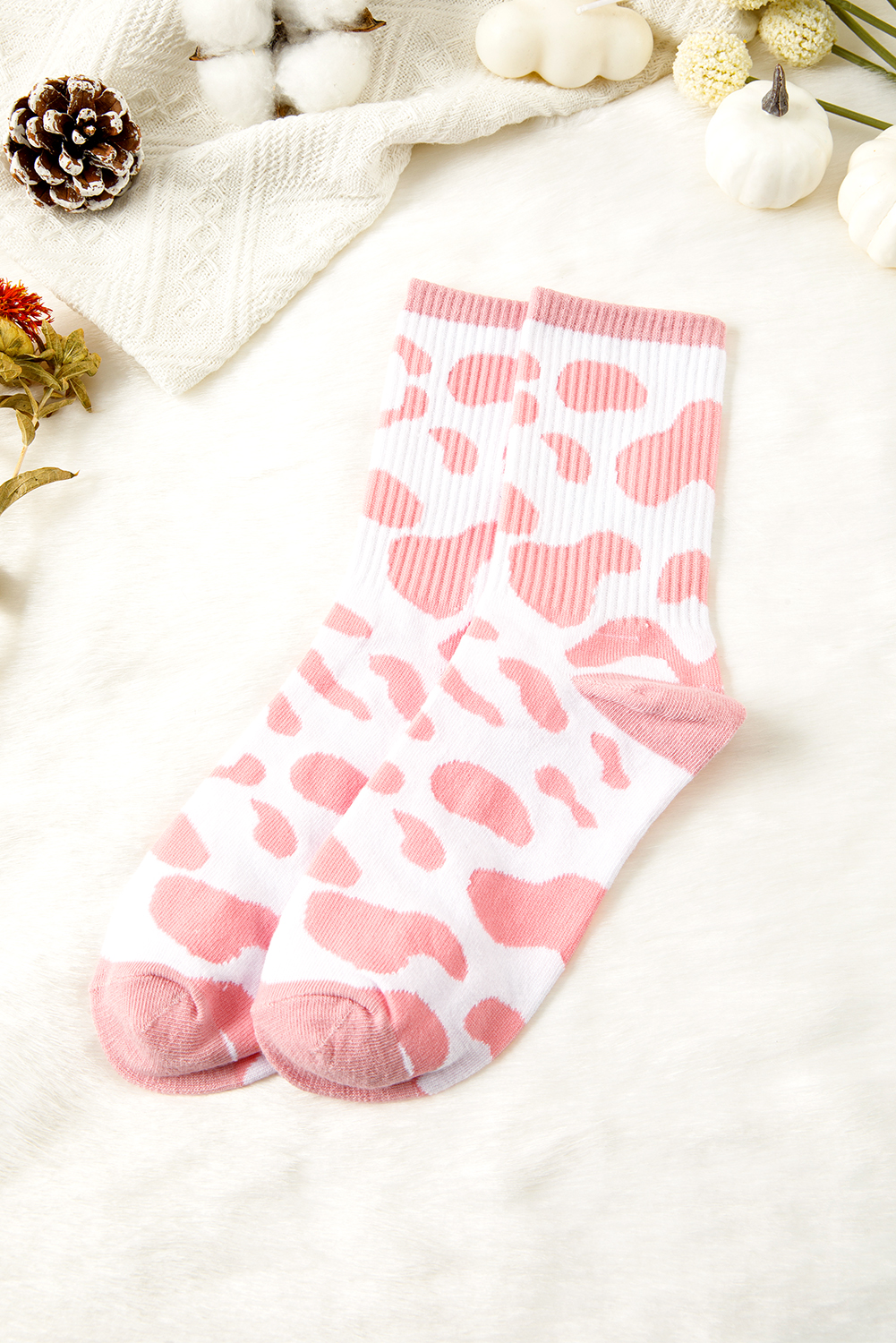 Pink Cow Print Ribbed Detail Crew Socks