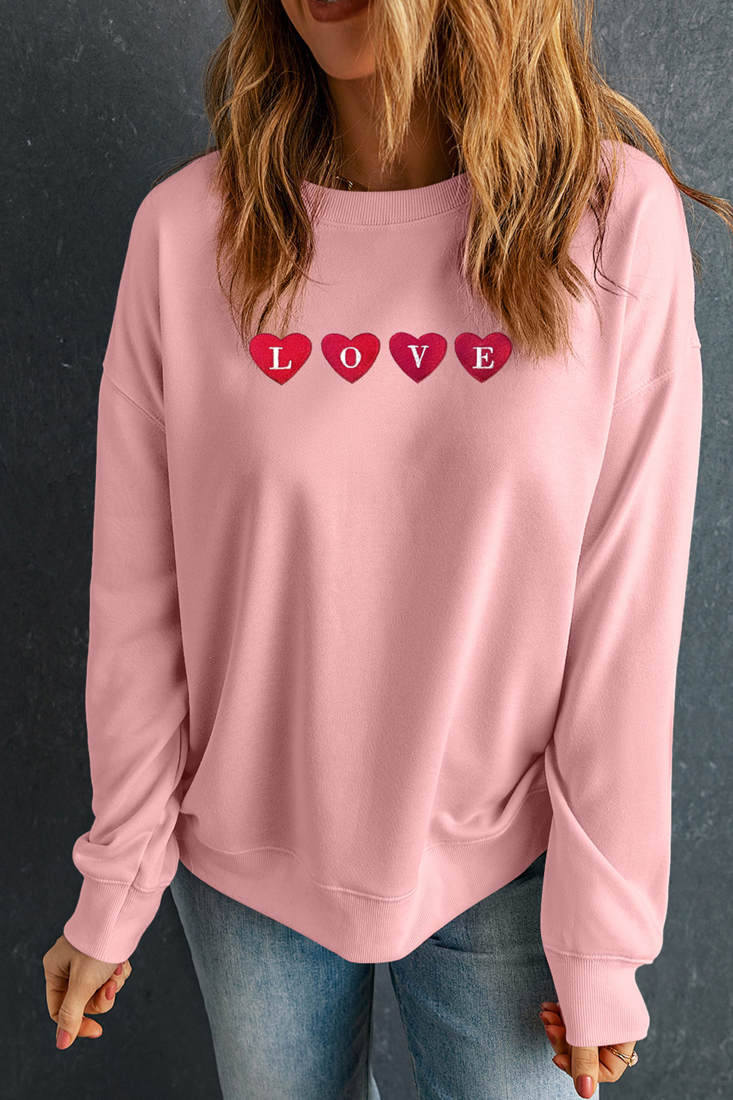 Pink LOVE In Hearts Embroidered Graphic Sweatshirt