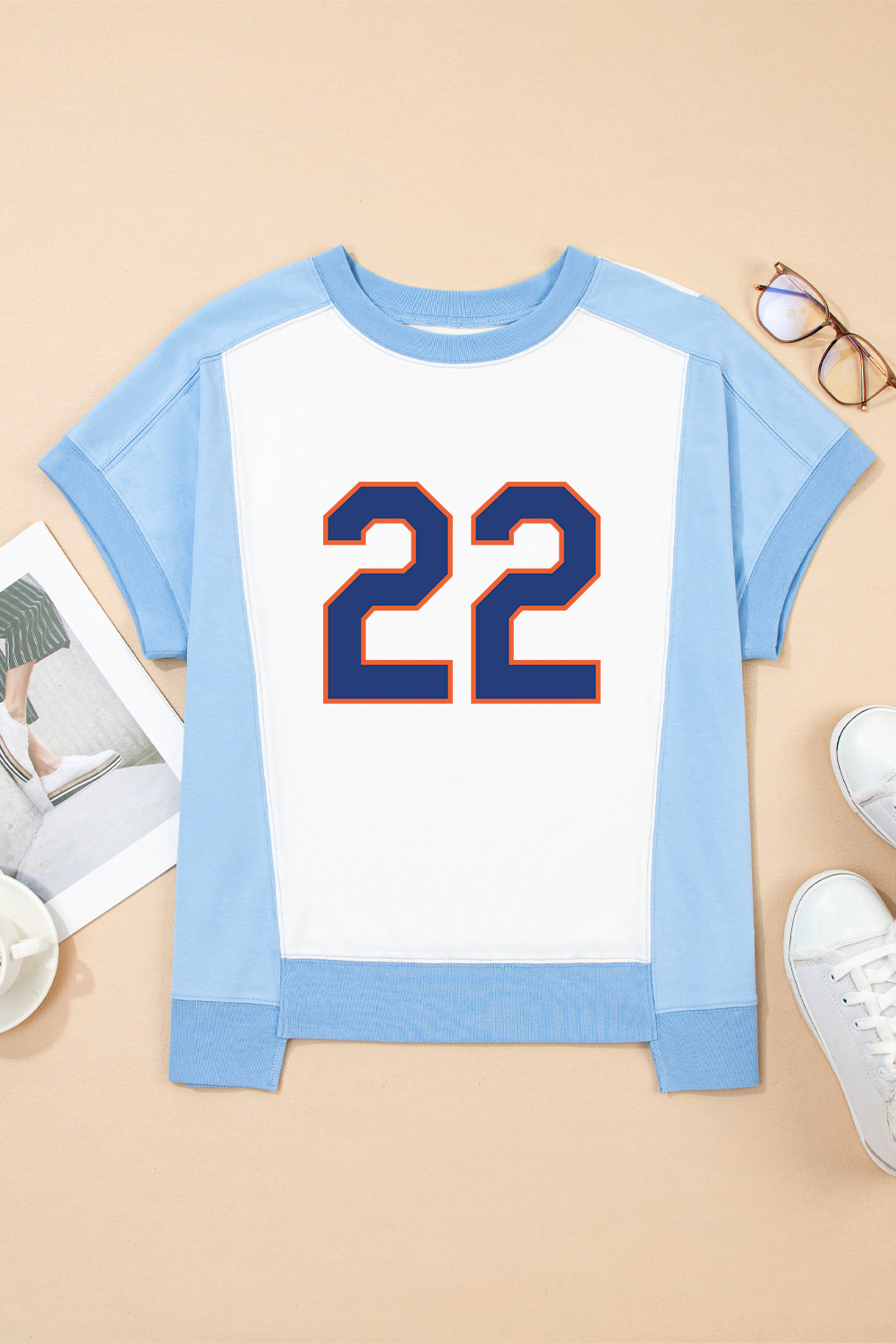 Sky Blue Number 22 Printed Color Block T Shirt