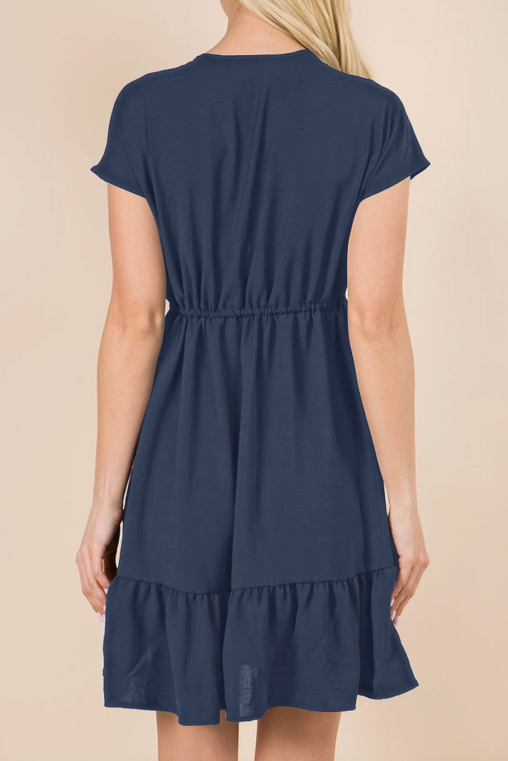 Navy Blue Double Drawstring Detail High Waist V Neck Short Sleeve Mini Dress