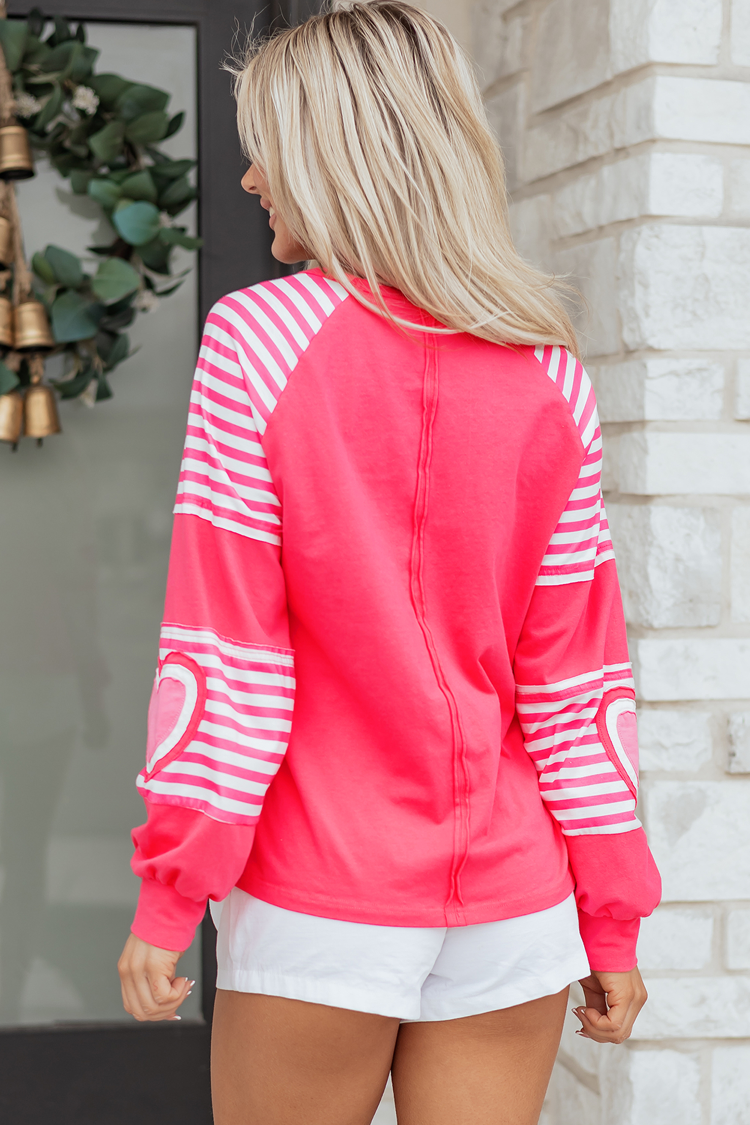 Strawberry Pink Heart Shape Striped Patchwork Long Sleeve Loose Top