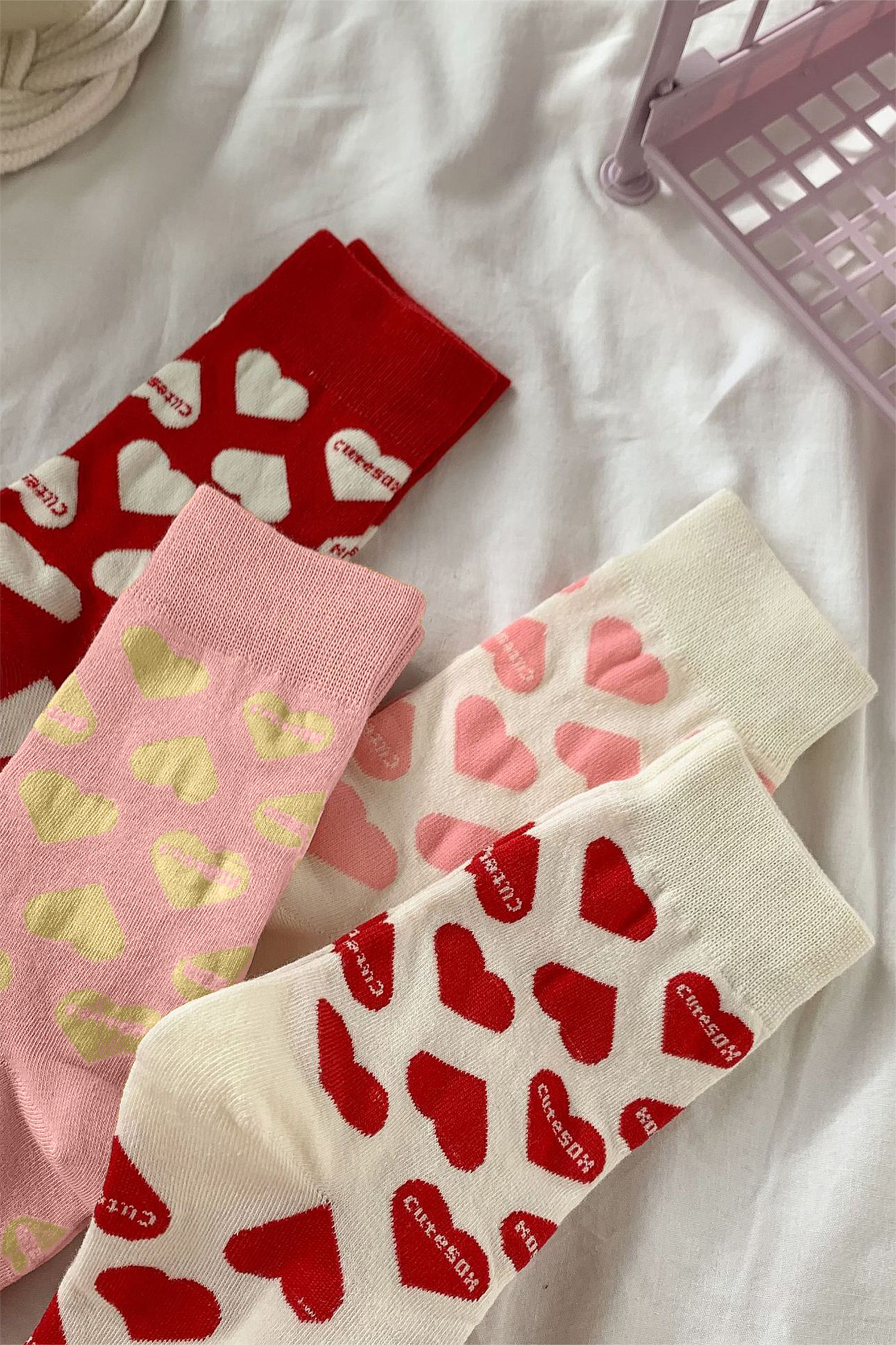 Pink Valentines Day Cute Heart Printed Polyester-cotton Socks