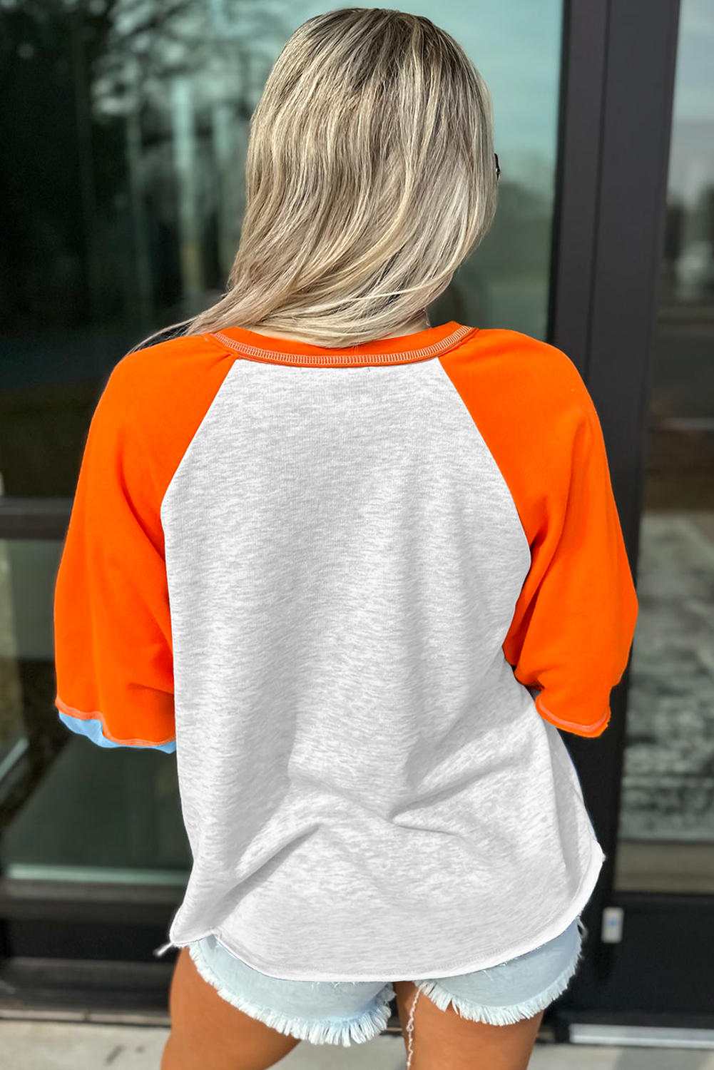 Light Grey Chenille Halloween Pumpkin Patched Color Block Patchwork Long Sleeve Top