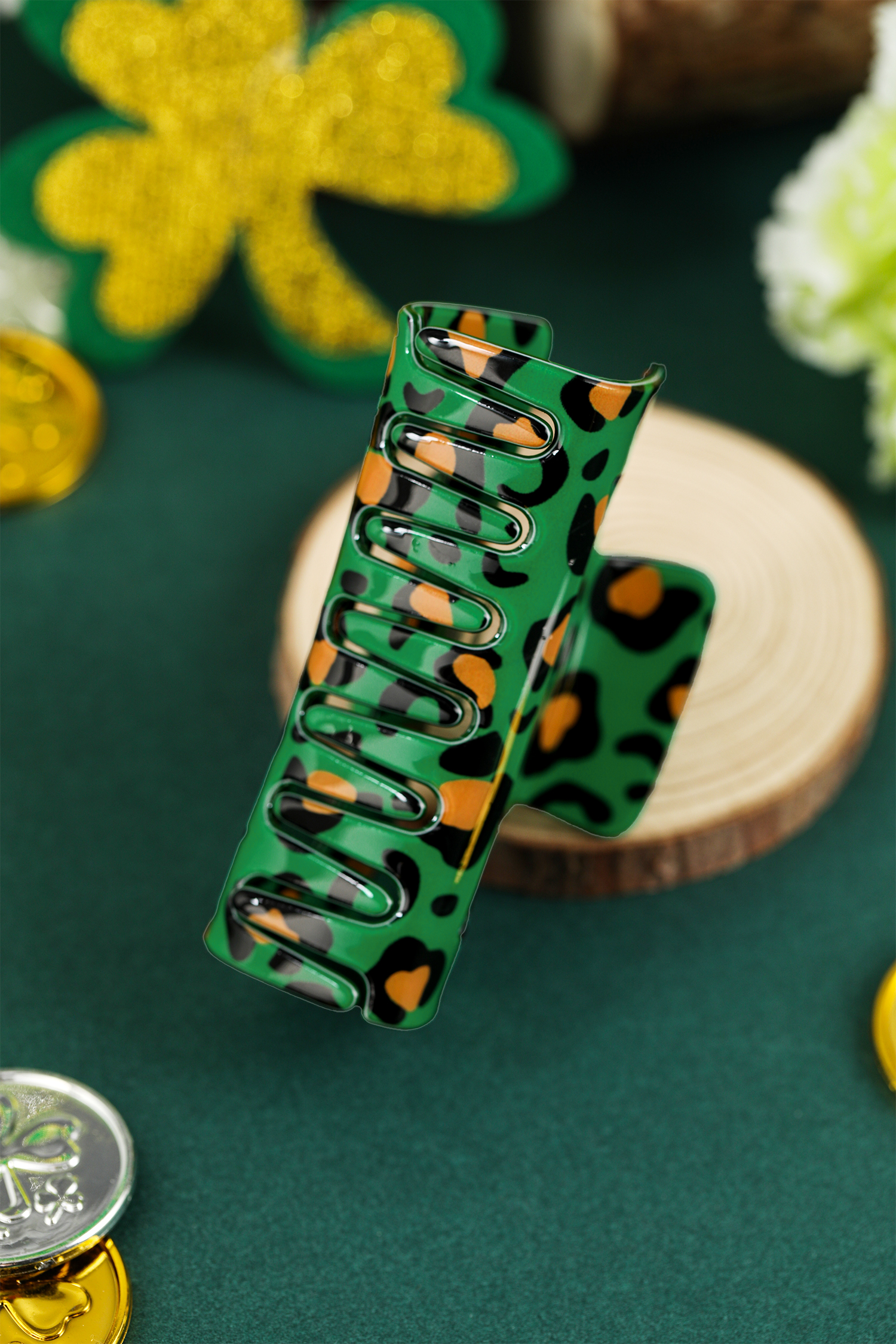 Dark Green Leopard Print Square Hollowed Plastic Hair Claw Clip