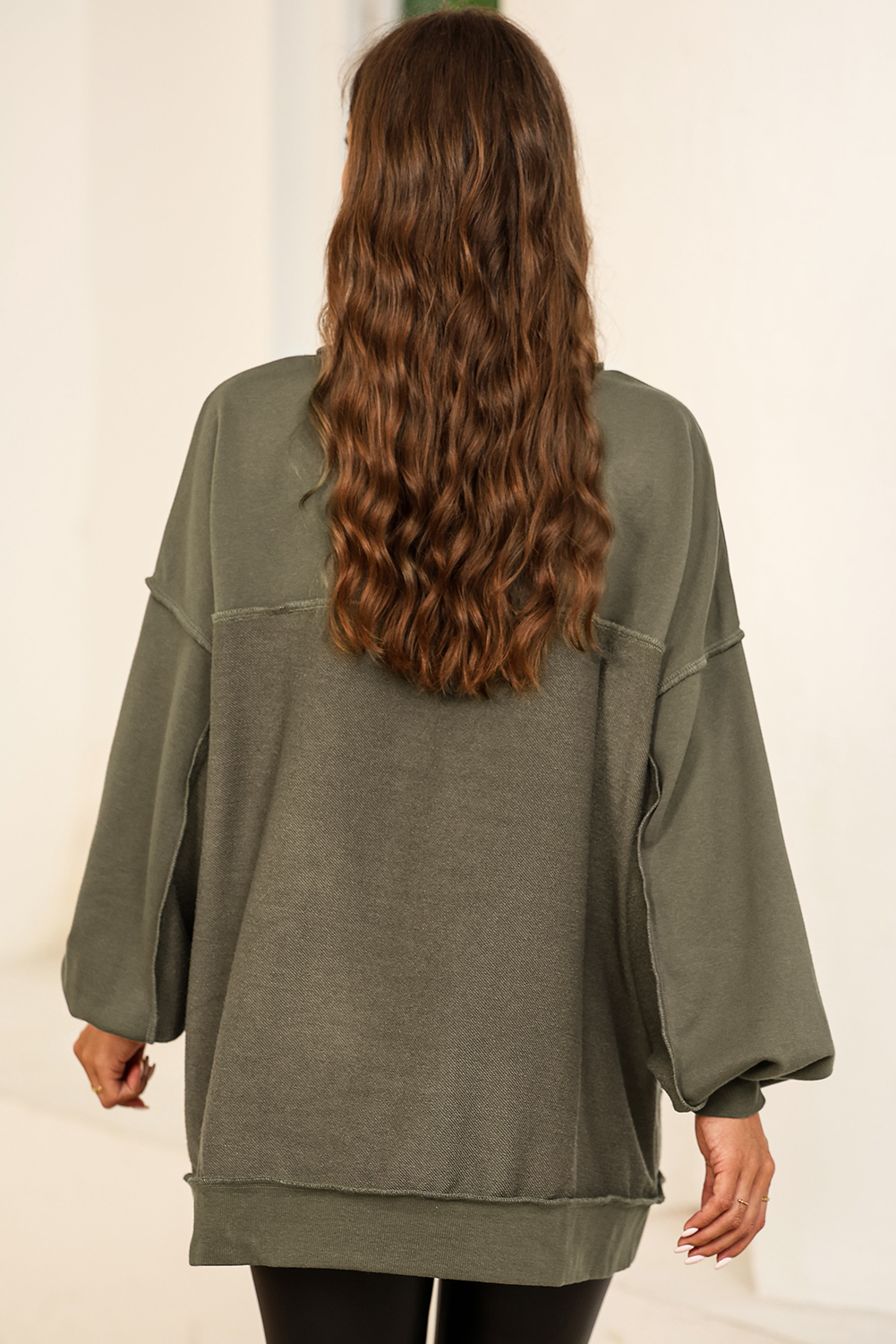Green Oversized Exposed Seam Henley Sweatshirt