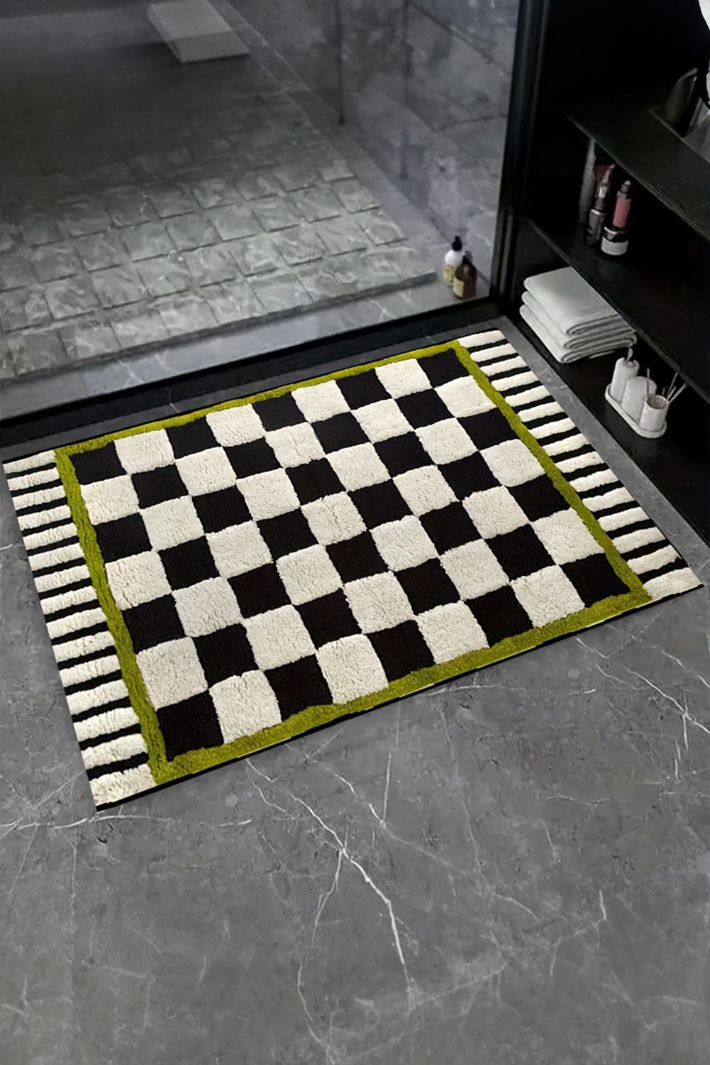 Spinach Green Square Trim Plush Checkered Striped Bath Rug