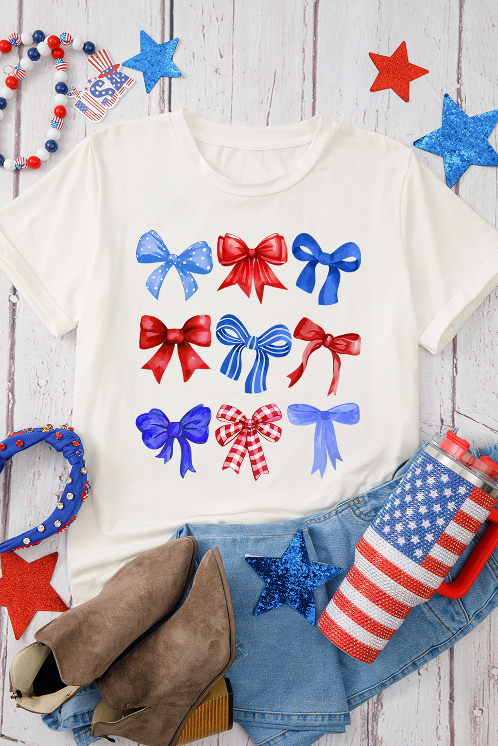 White USA Inspire Bow Print Crewneck Independence Day Tee