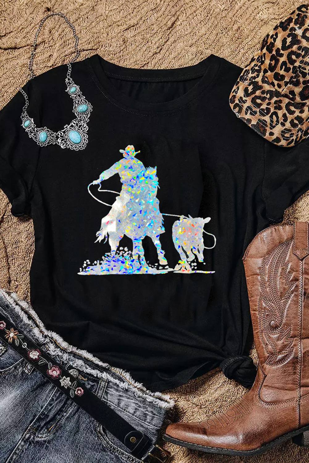 Black Laser Western Cowboy Graphic Crewneck Tee
