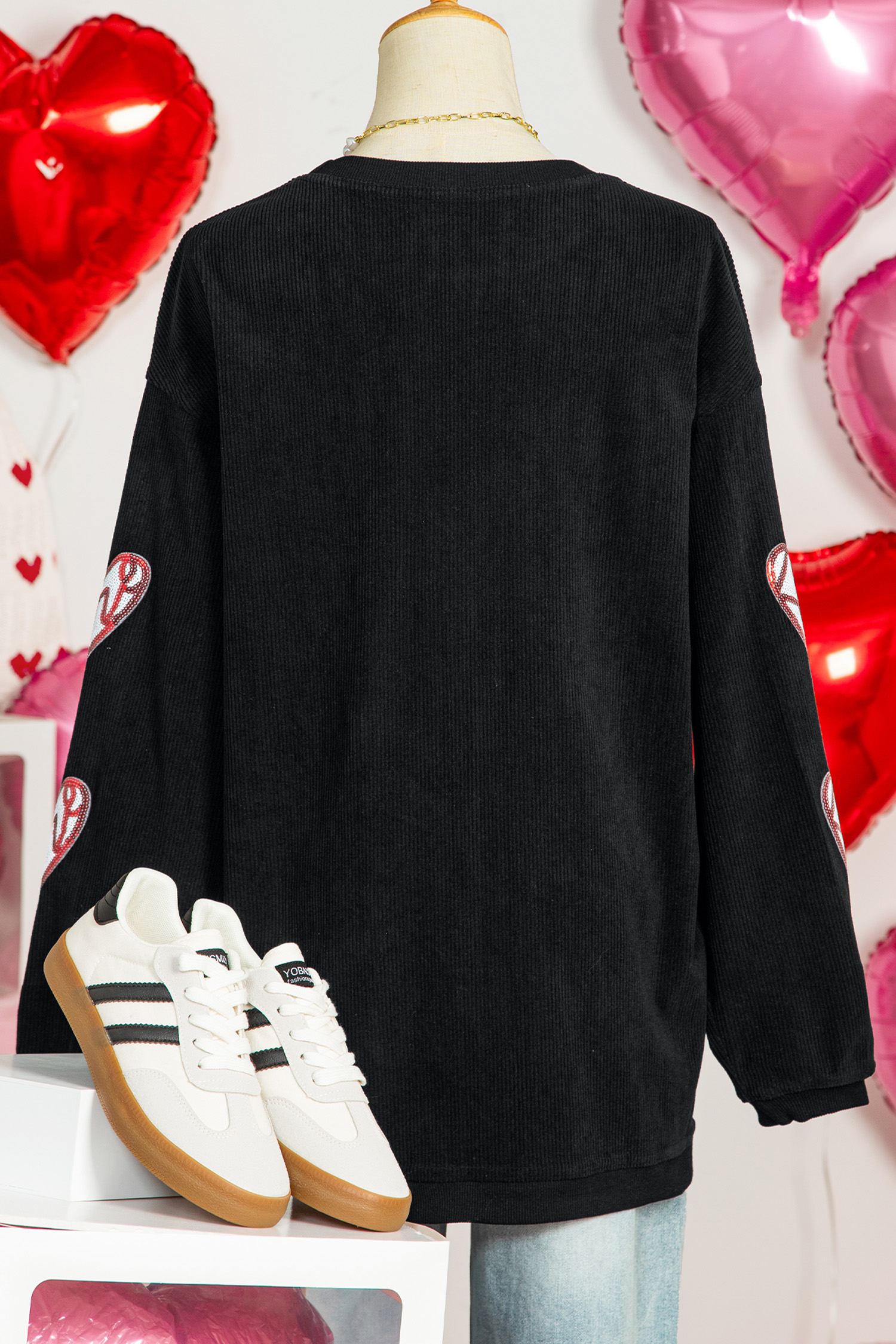 Black Corded Ribbed Love Heart Sequin Patched Graphic Sweatshirt