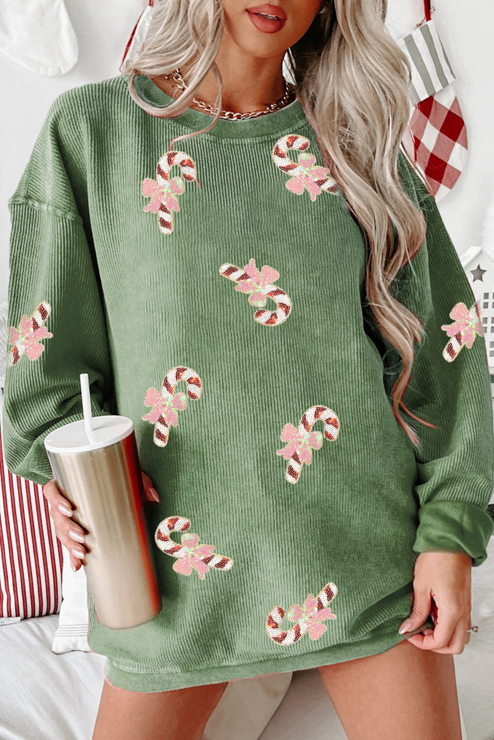 Grass Green Christmas Sequin Candy Cane Patched Corded Ribbed Baggy Sweatshirt