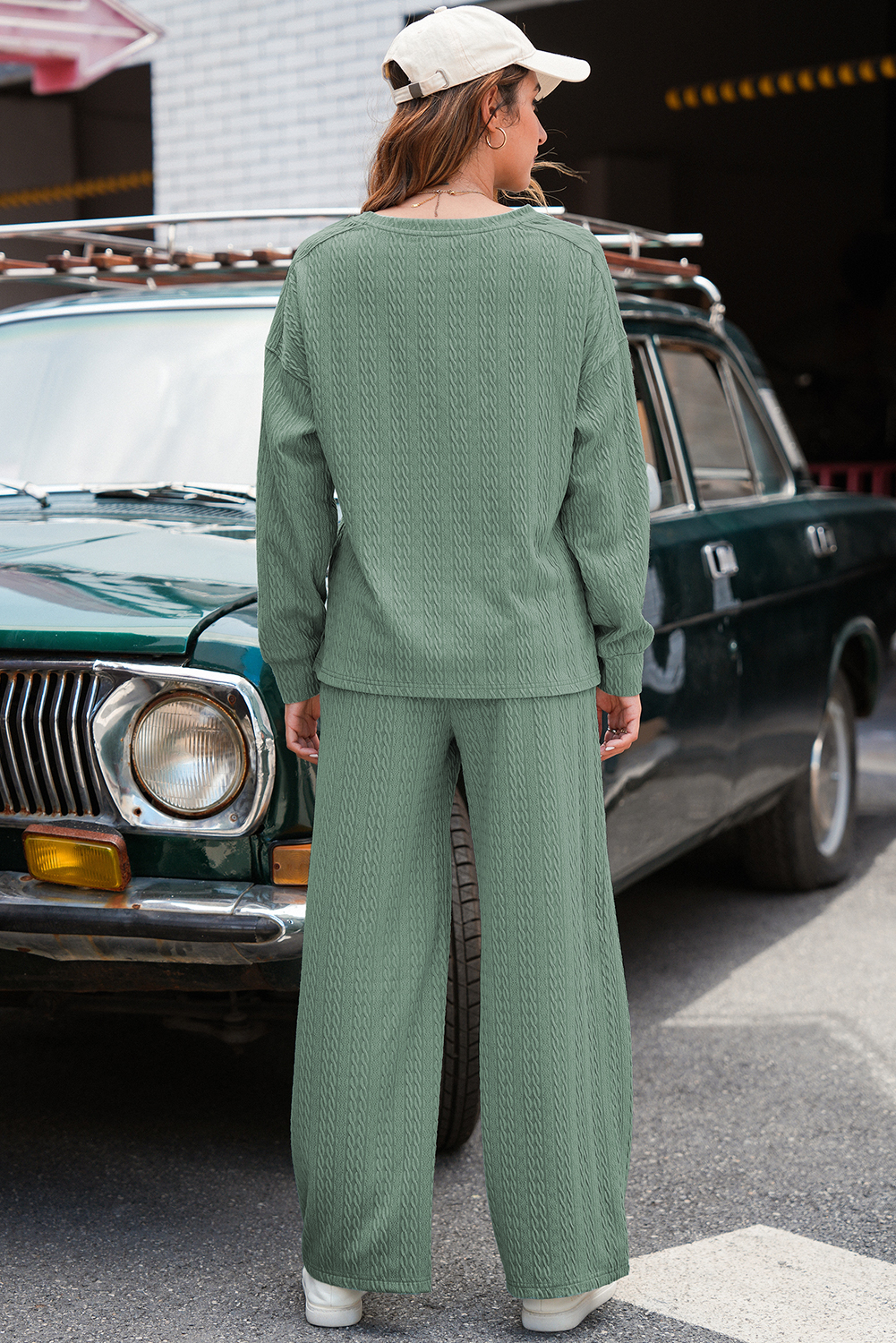 Smoke Green Textured Round Neck Sweatshirt & Loose Drawstring High Waist Pant Set