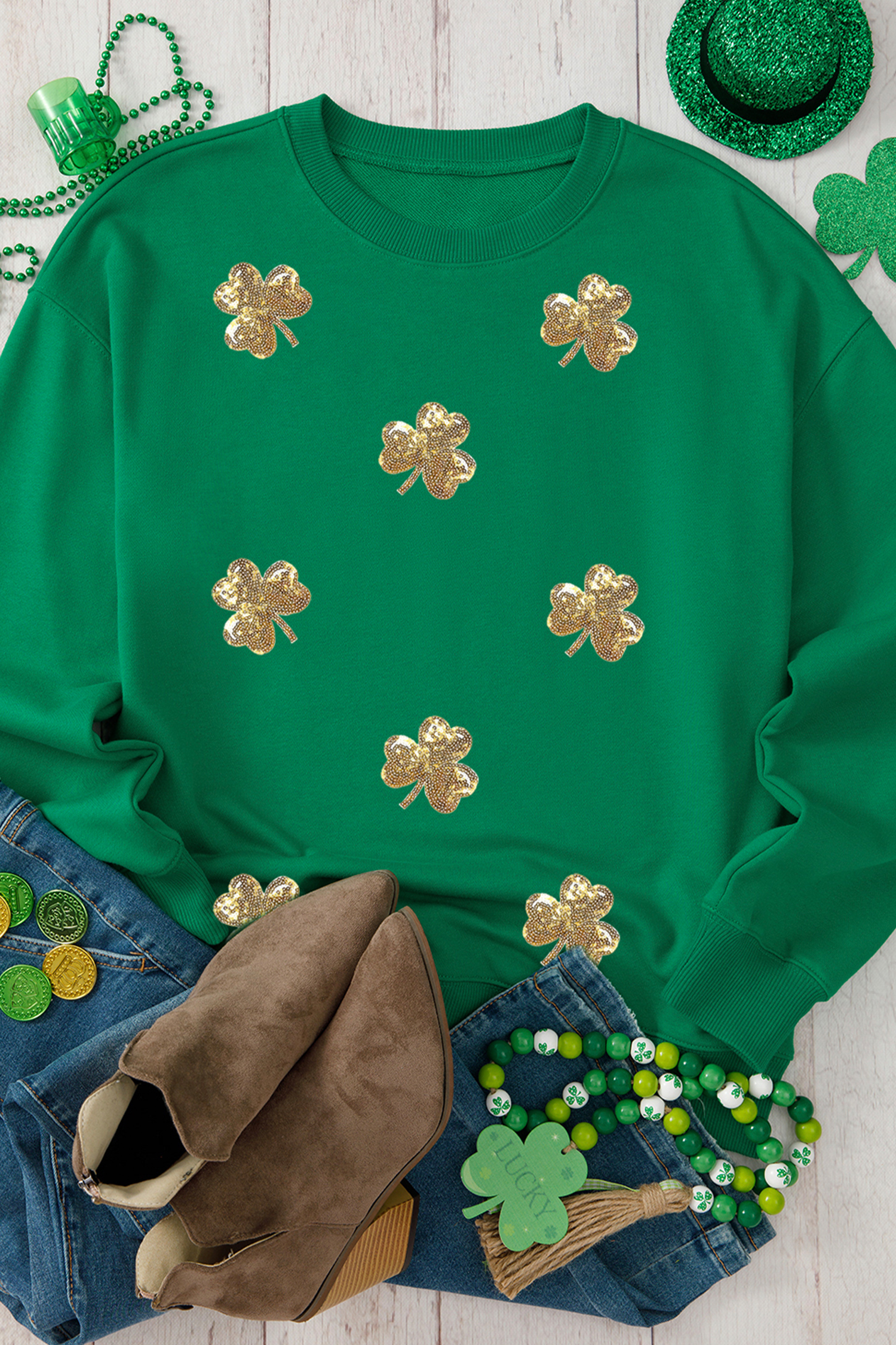 Dark Green Sequin Shamrock Irish Festive Graphic Sweatshirt