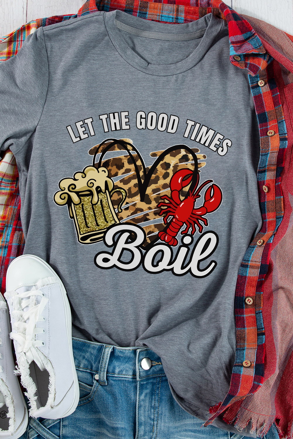 Gray Let The Good Times Boil Crawfish Leopard Heart Graphic Tee