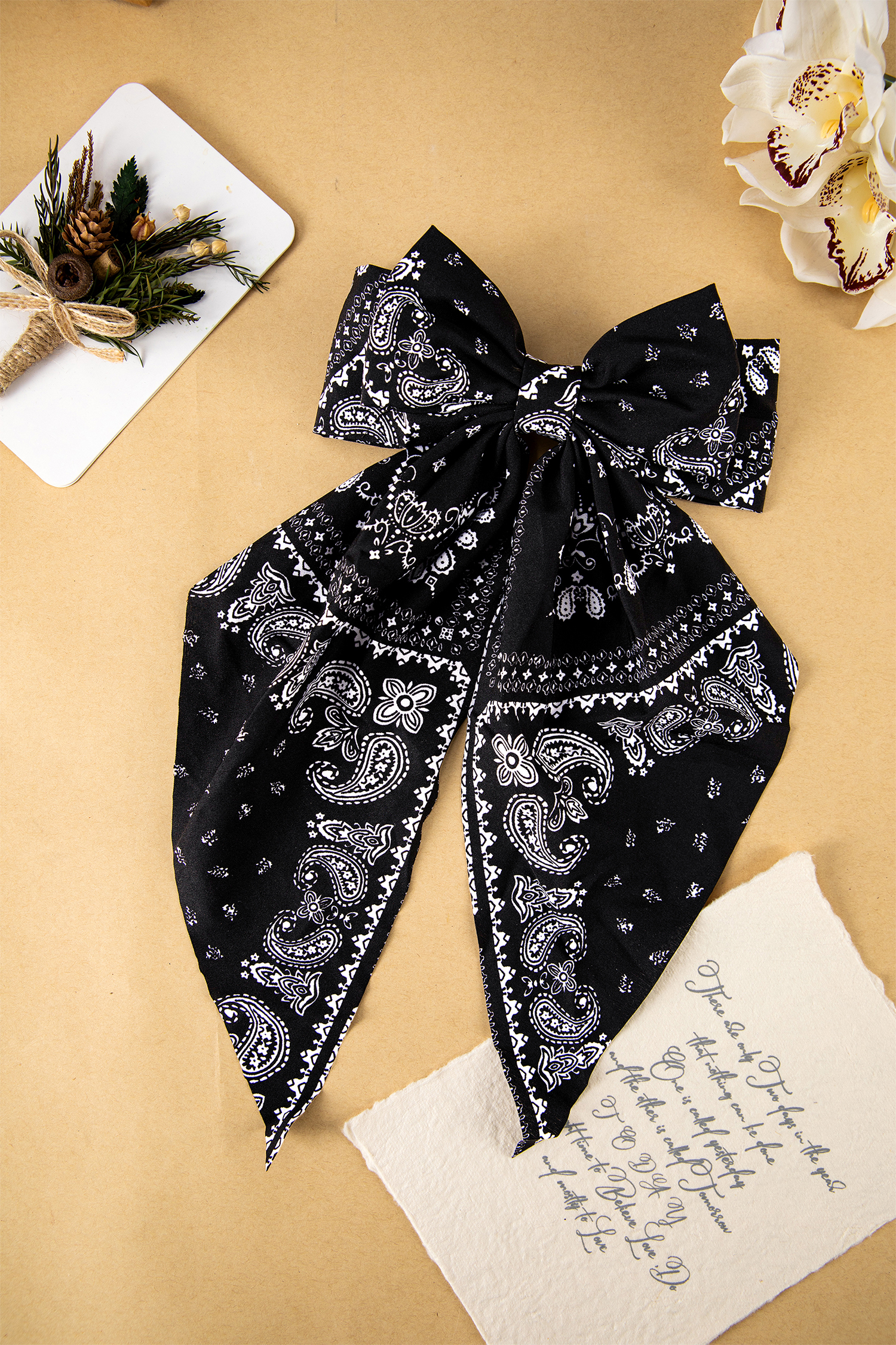 Black Boho Paisley Floral Print Silky Ribbon Bow Hair Clip