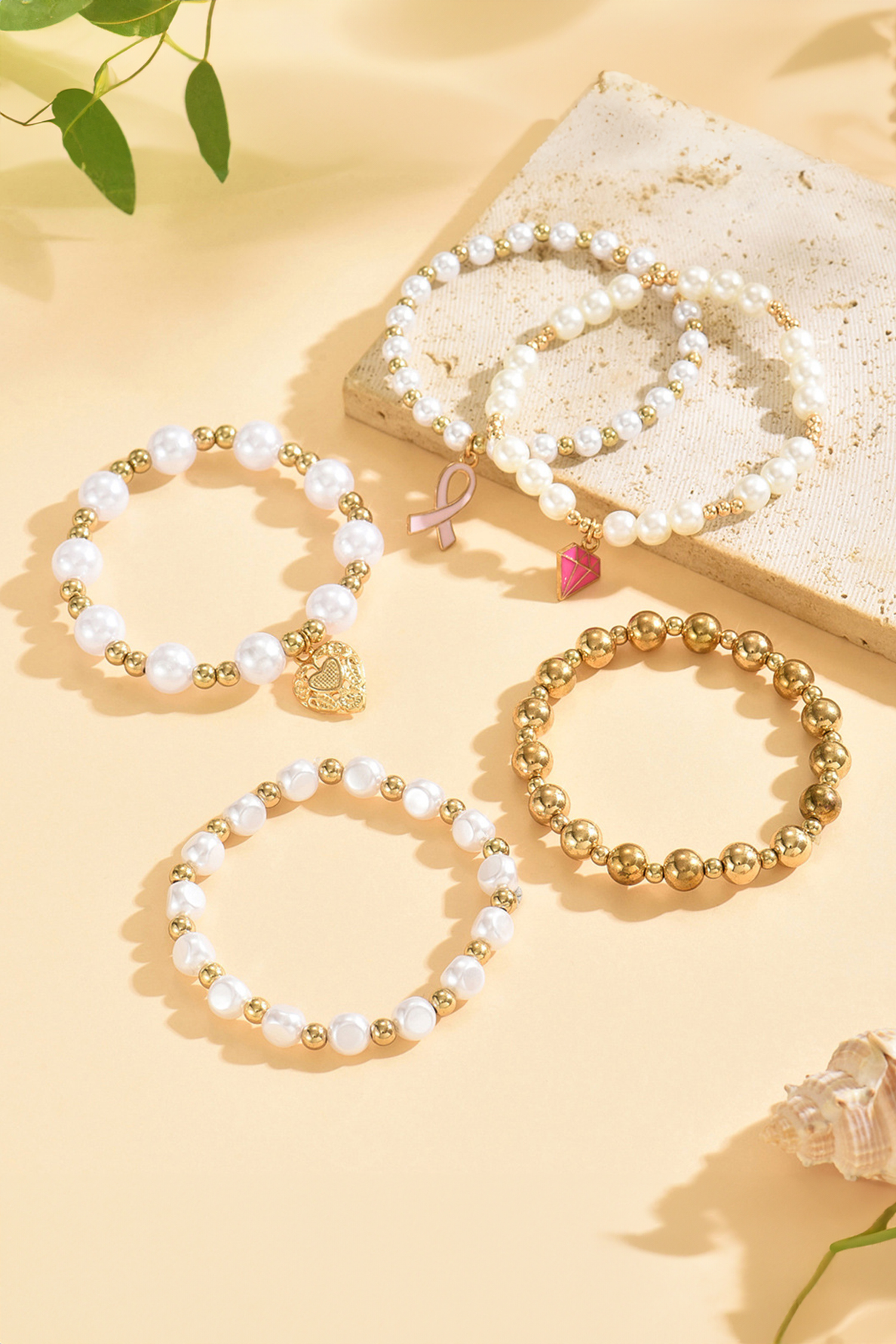 Gold Plated Pearl Beads 5pcs Valentines Day Bracelet Set