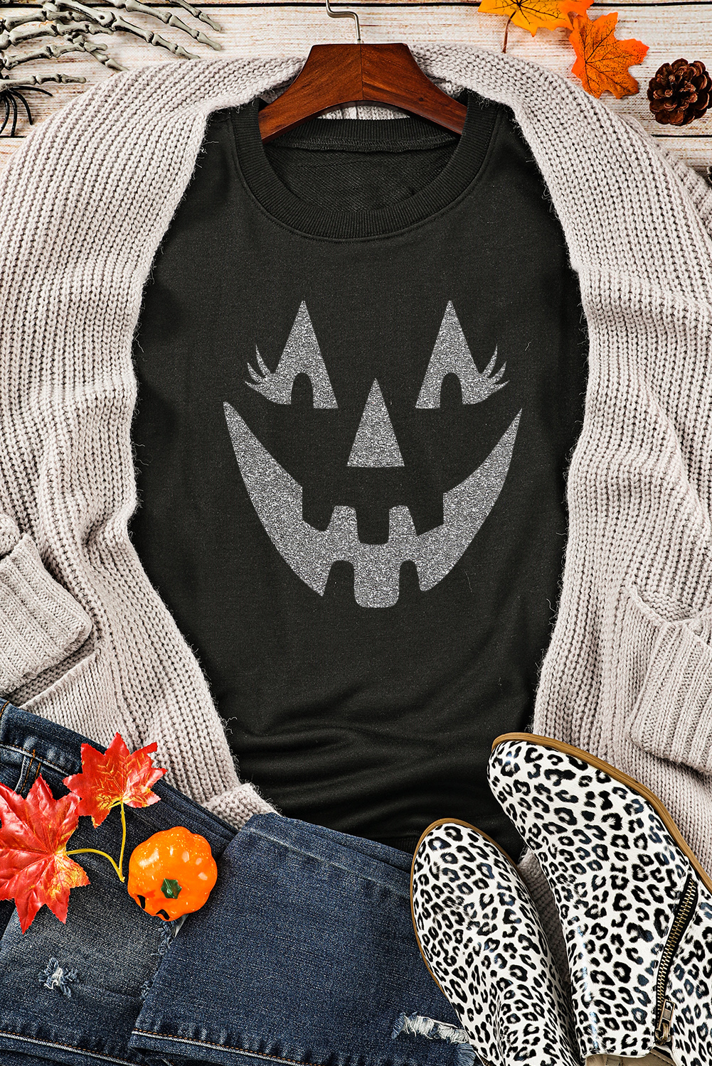 Black Spooky Face Printed Halloween Fashion Baggy Sweatshirt
