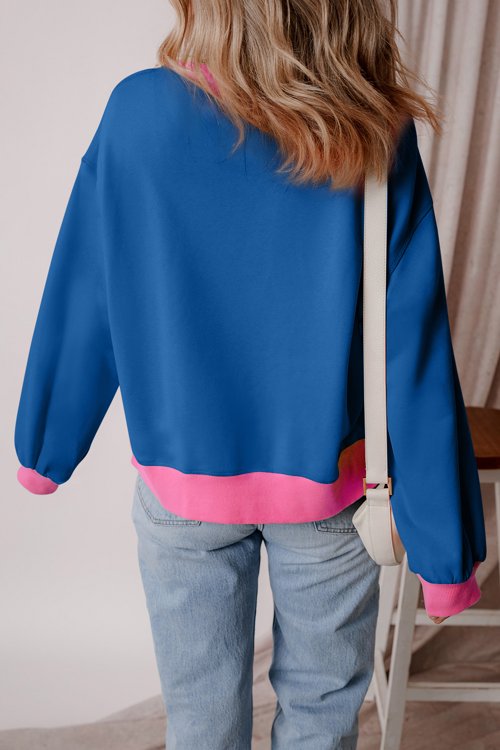 Blue Rugby Bowknot Graphic Game Day Contrast Trim Drop Shoulder Casual Sweatshirt