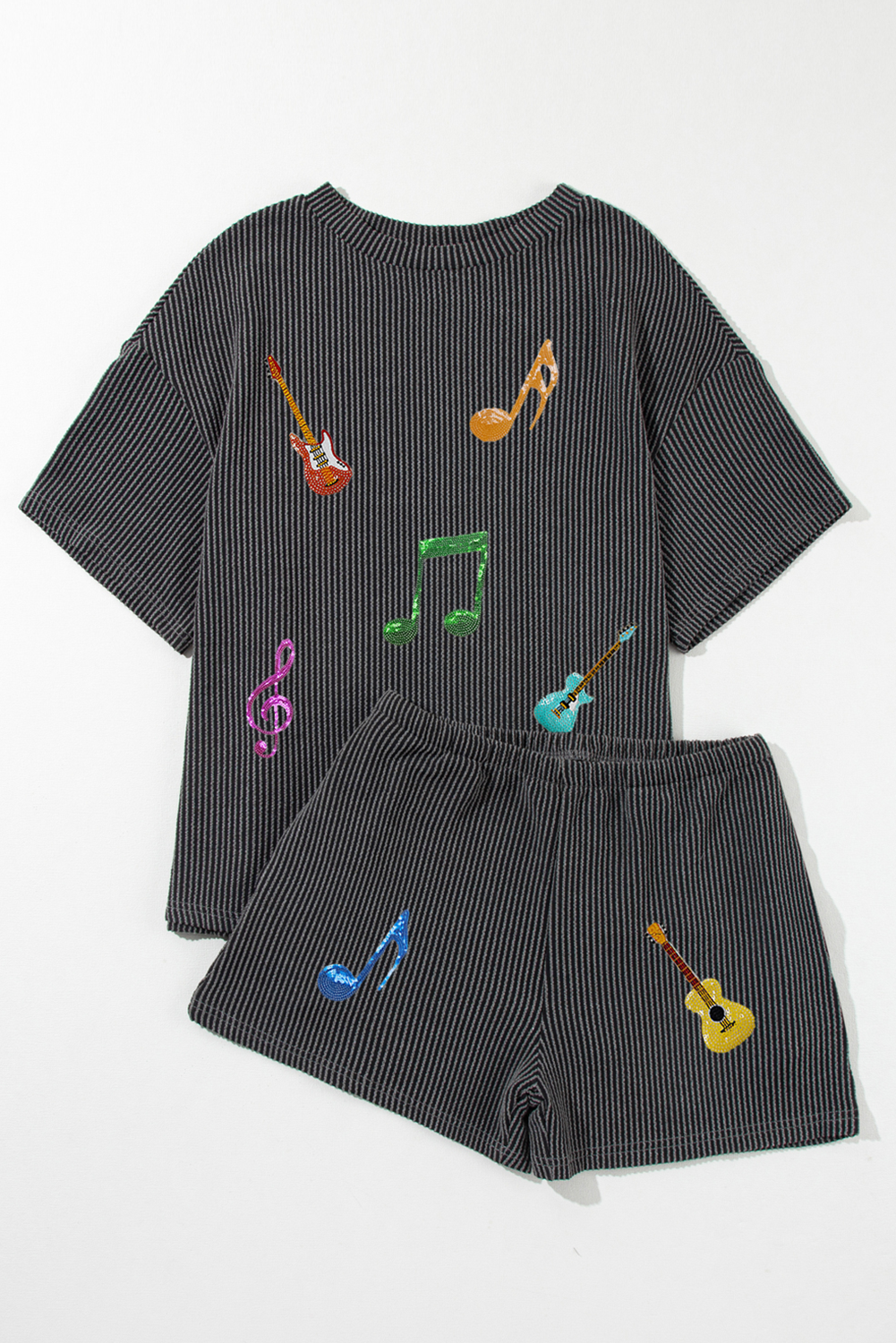 Carbon Grey Twisted Rib Texture Guitar Music Note Patched 2pcs Short Set