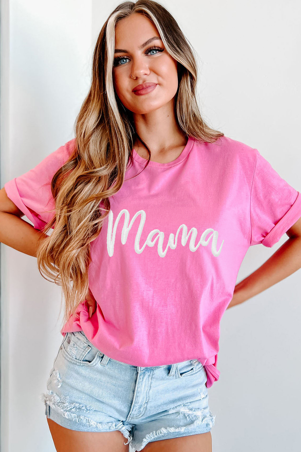Sachet Pink mama Embroidered Graphic Crewneck Mothers Day T Shirt