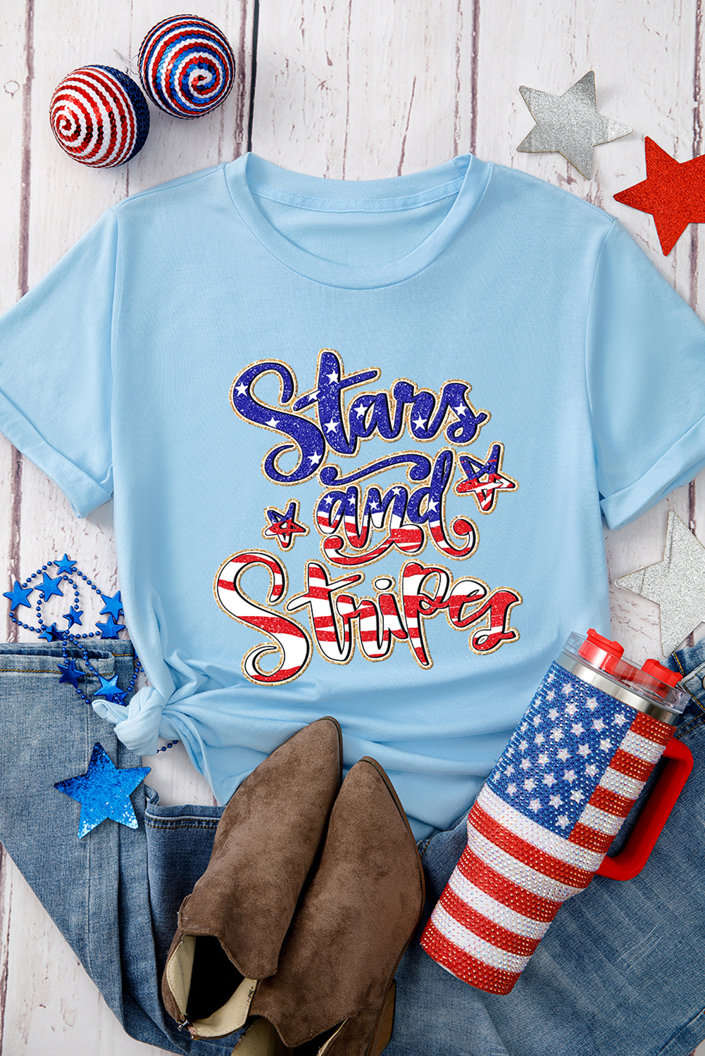 Light Blue Stars and Stripes Graphic July 4th Patriotic Tee