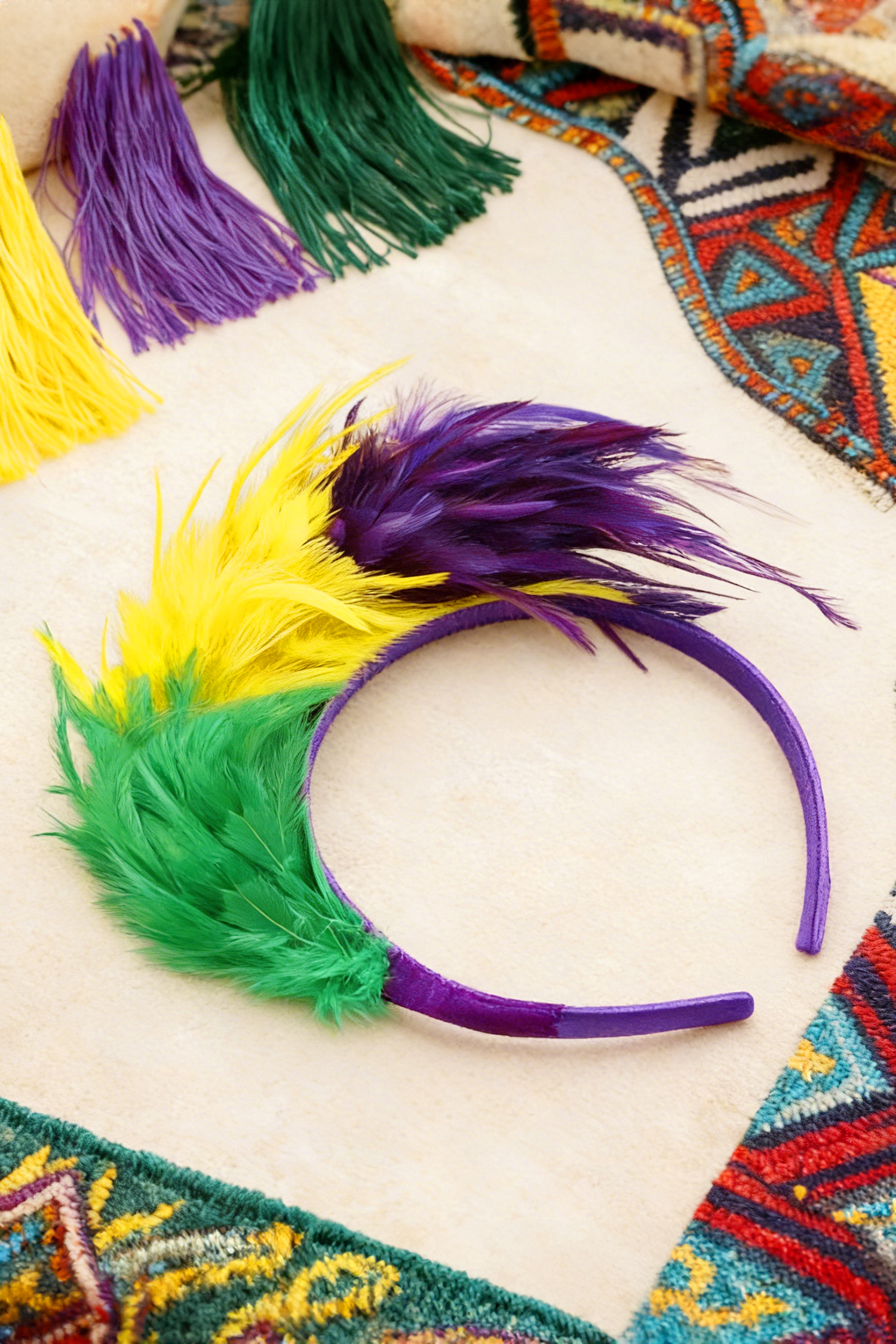 Tillandsia Purple Mardi Gras Tricolor Feather Plastic Headband