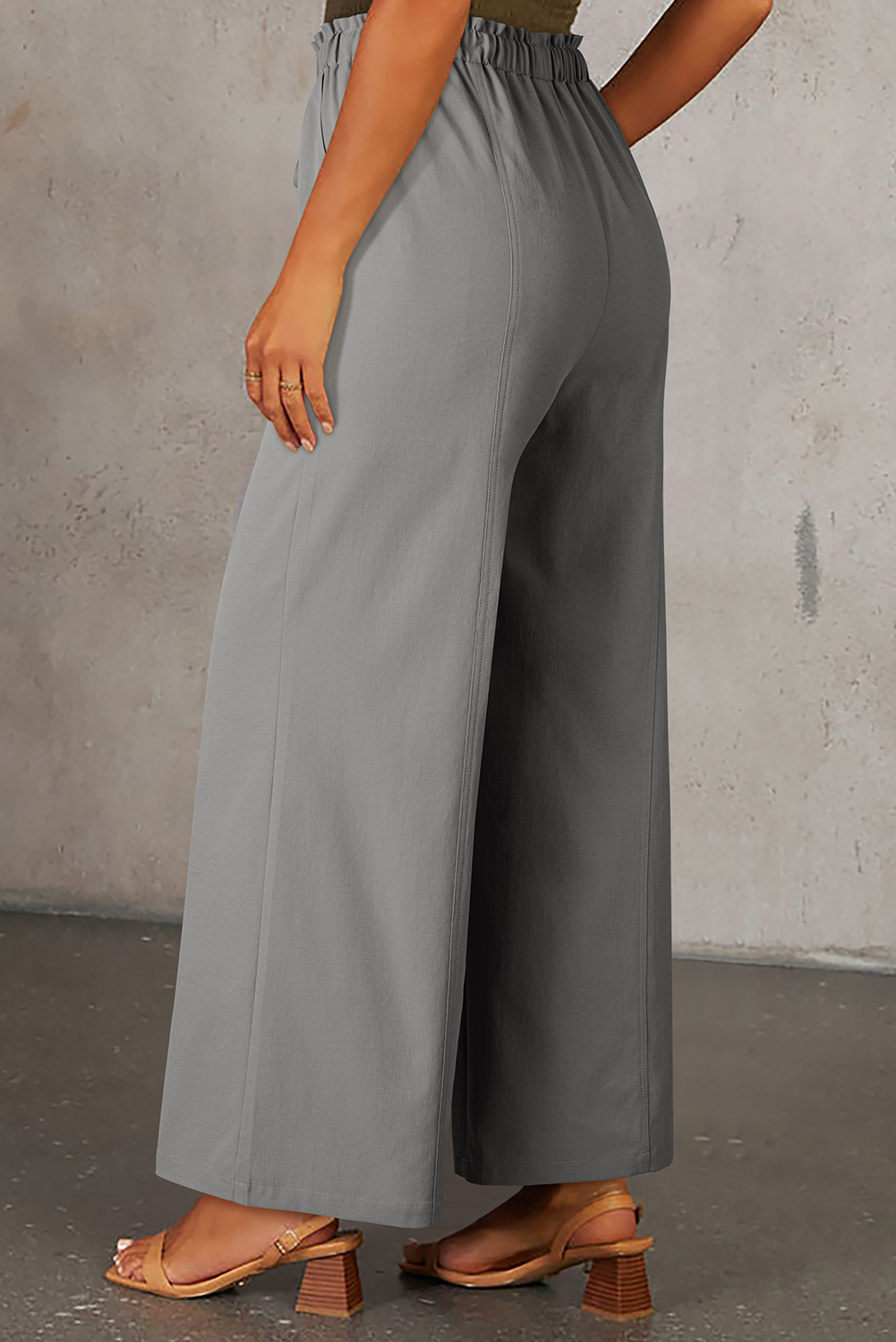 Gray Solid Color Drawstring Elastic Waist Casual Loose Pants
