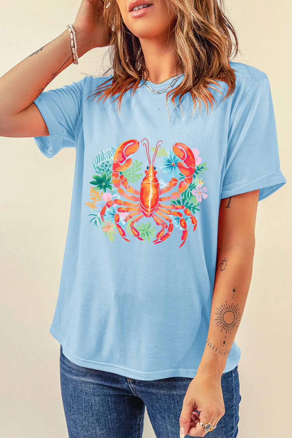 Light Blue Floral Summer Lobster Graphic Tee