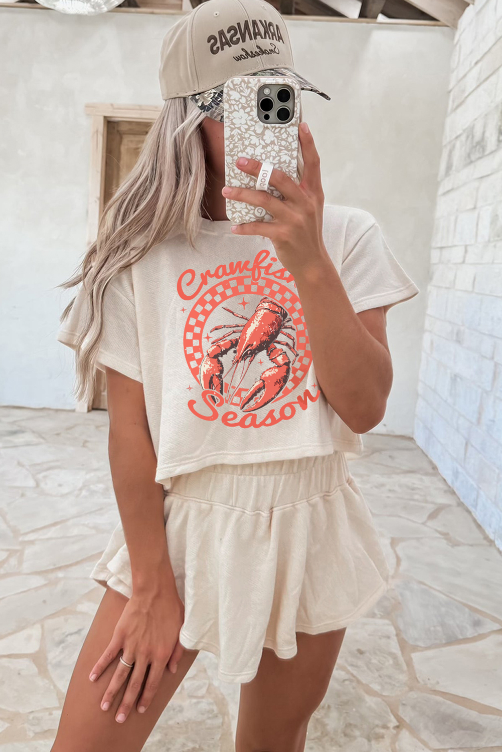 Beige Crawfish Season Print T Shirt and High Waist Ruffle Skorts Set