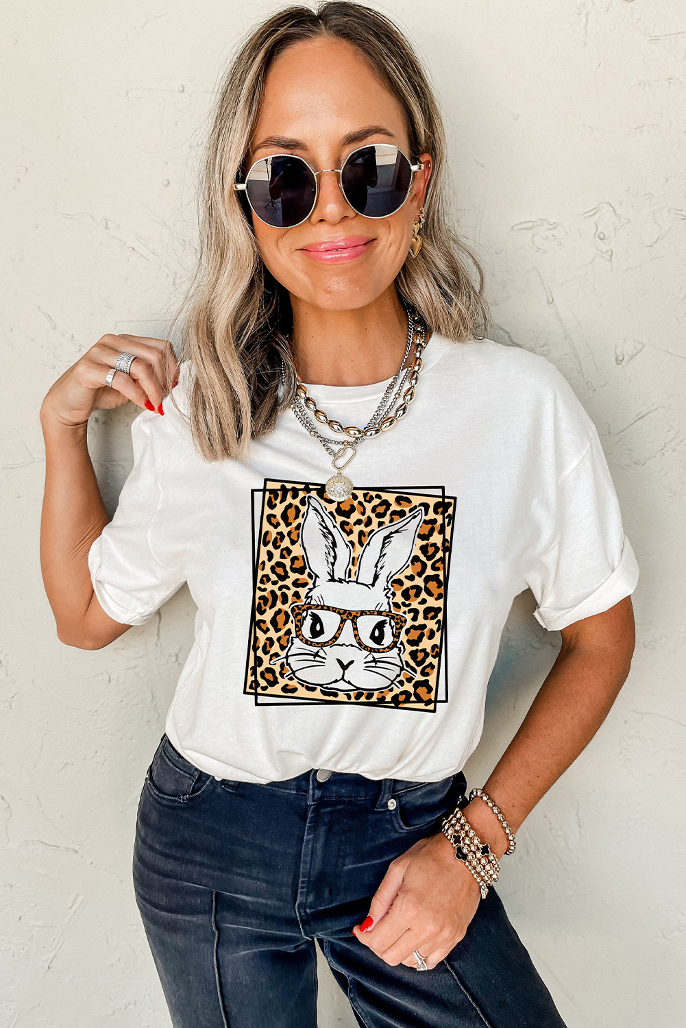White Leopard Cute Bunny Graphic Crewneck Easter Tee