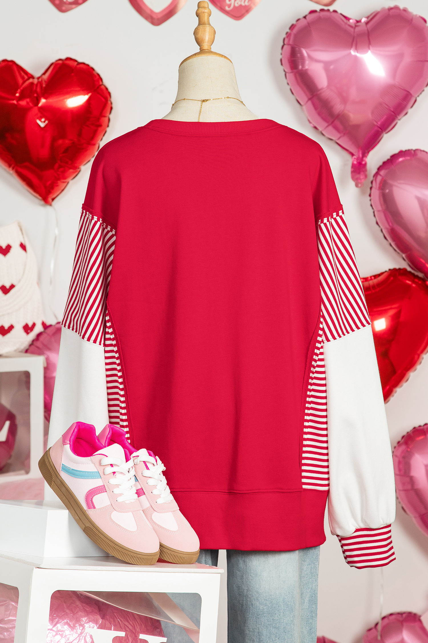 Fiery Red Valentines Day Slogan Sequin Heart Graphic Striped Color Block Patchwork Sweatshirt
