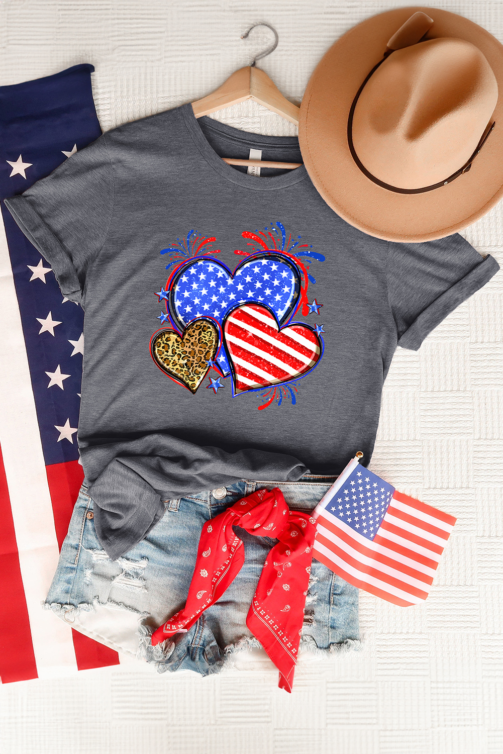 Gray American Heart July 4th Celebration Graphic T Shirt