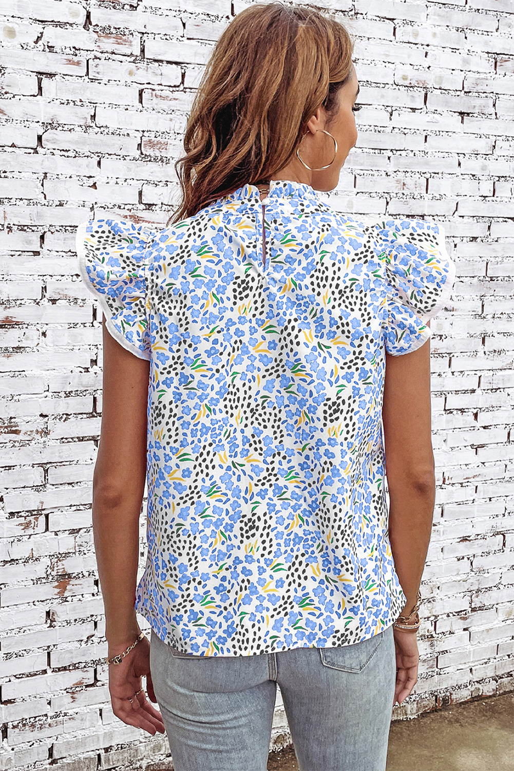 Sky Blue Abstract Print High Neck Flutter Sleeves Top