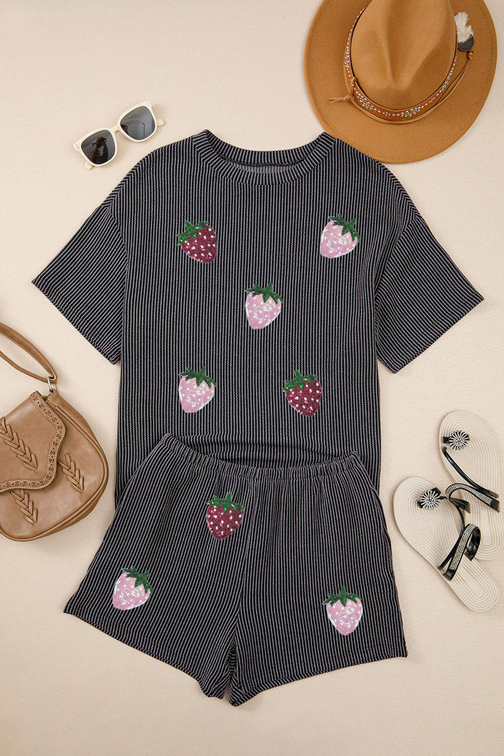 Carbon Grey Sequin Strawberry Patched Twist Ribbed Short 2pcs Outfit
