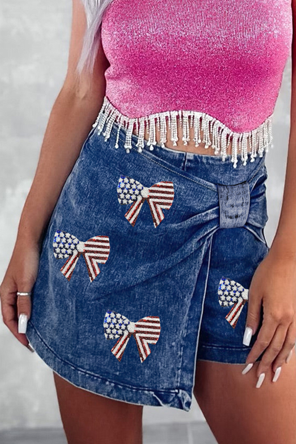 Sail Blue High Waist USA Flag Inspire Bow Patched Twisted Denim Skort
