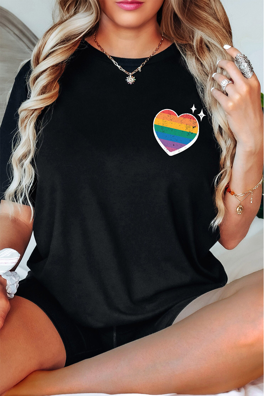 Black Pride Heart Cracking Graphic Detail Cotton Blend T Shirt