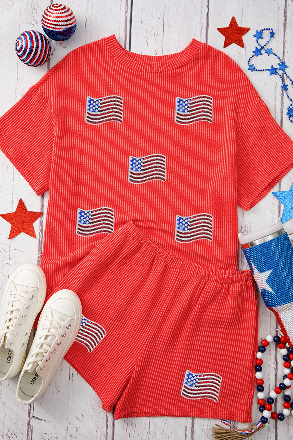 Orange Sequined American Flag Twisted Rib Texture 2pcs Short Set