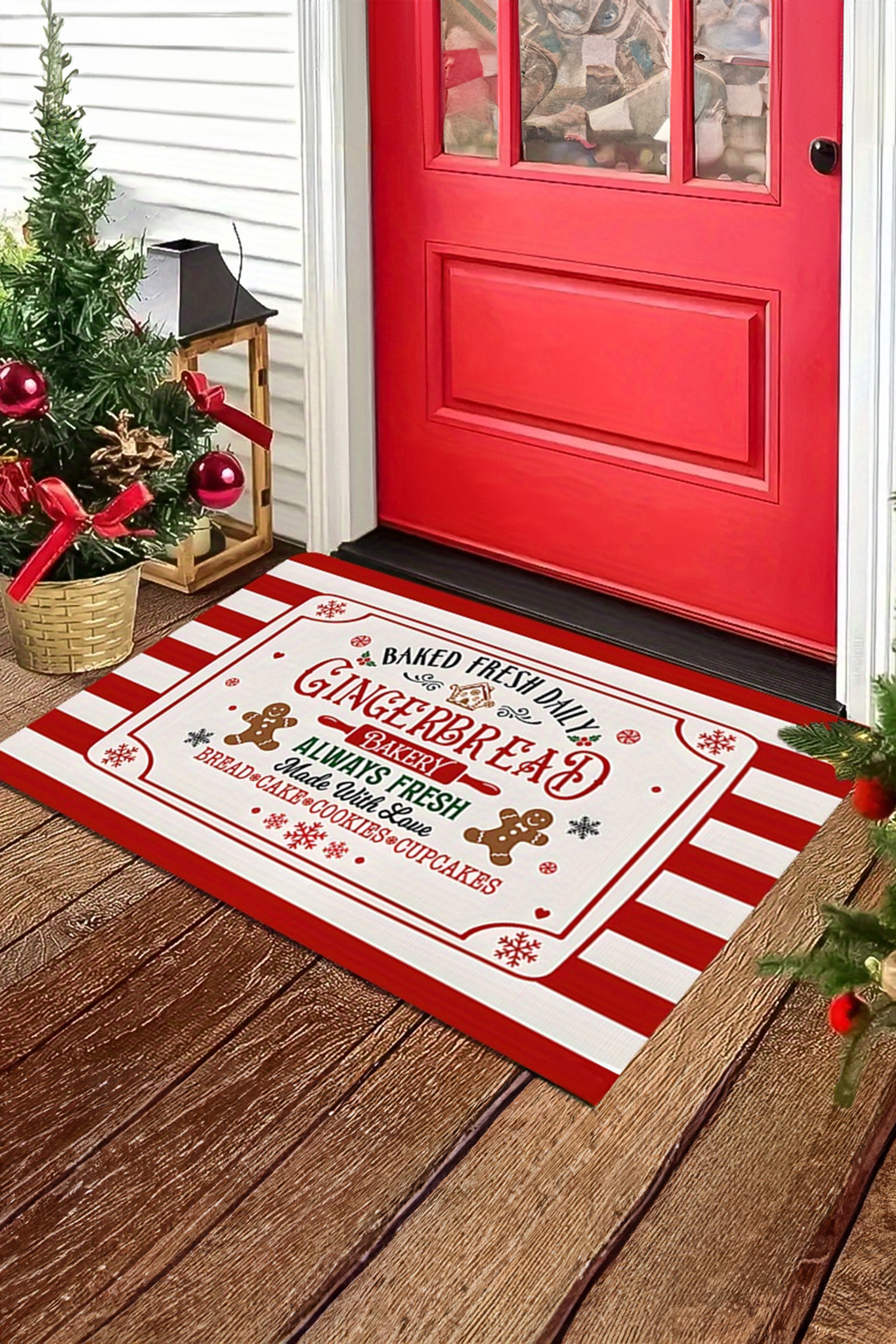 Fiery Red Candy Cane Stripe Gingerbread Print Christmas Crystal Velvet Door Mat