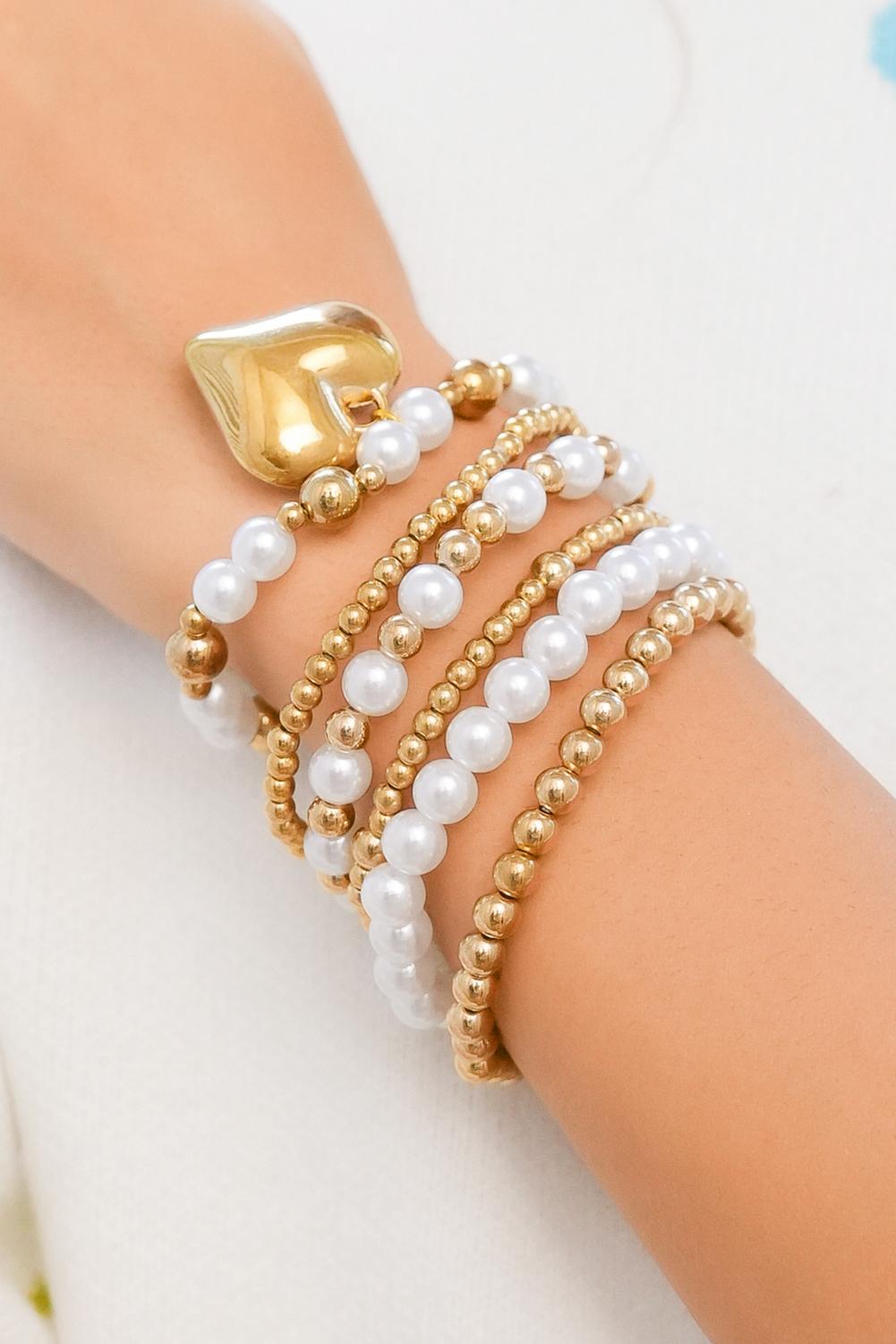 Gold Plated Heart Charm Pearl Beading Multilayer Bracelet