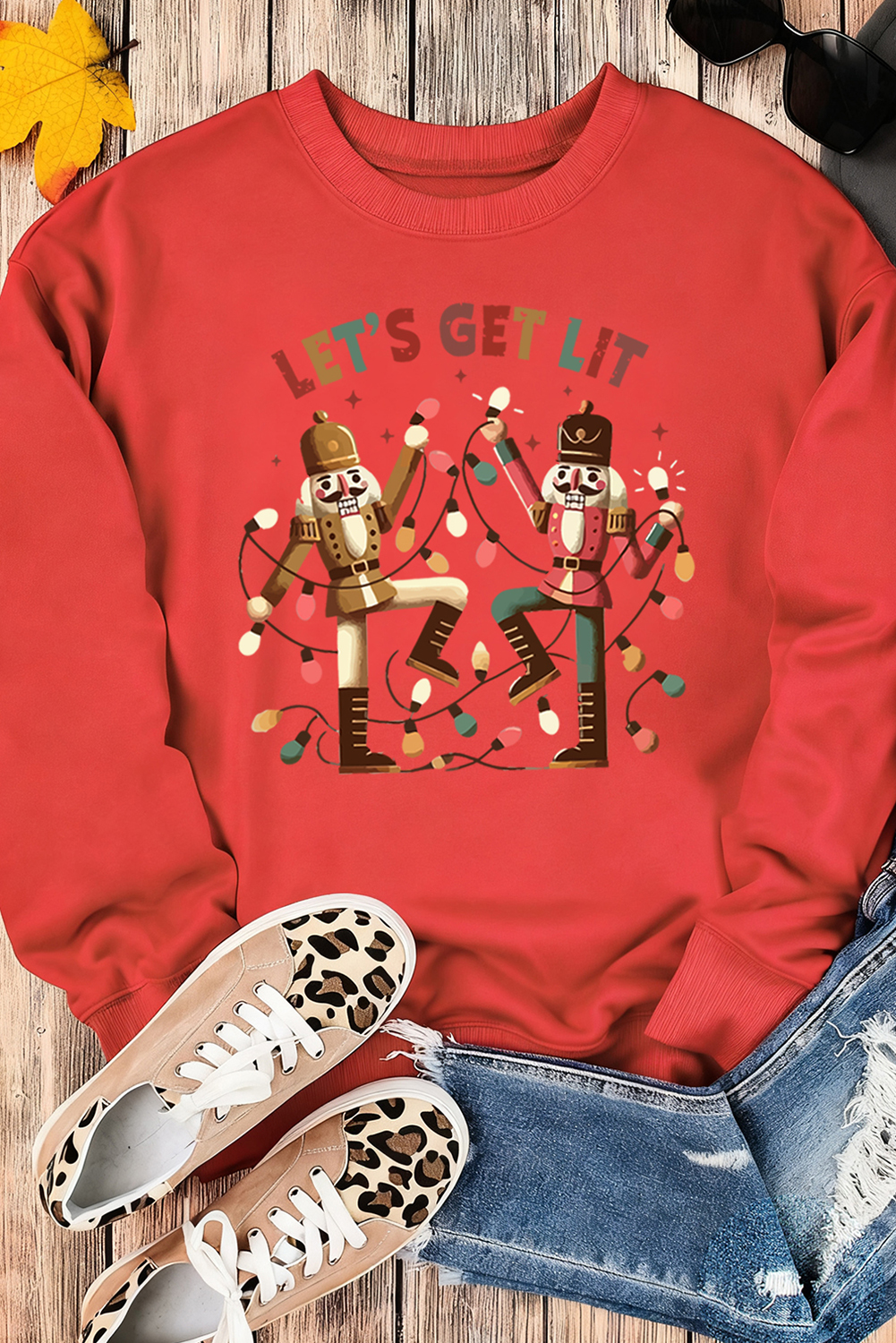 Red LETS GET LIT Nutcracker Graphic Christmas Sweatshirt