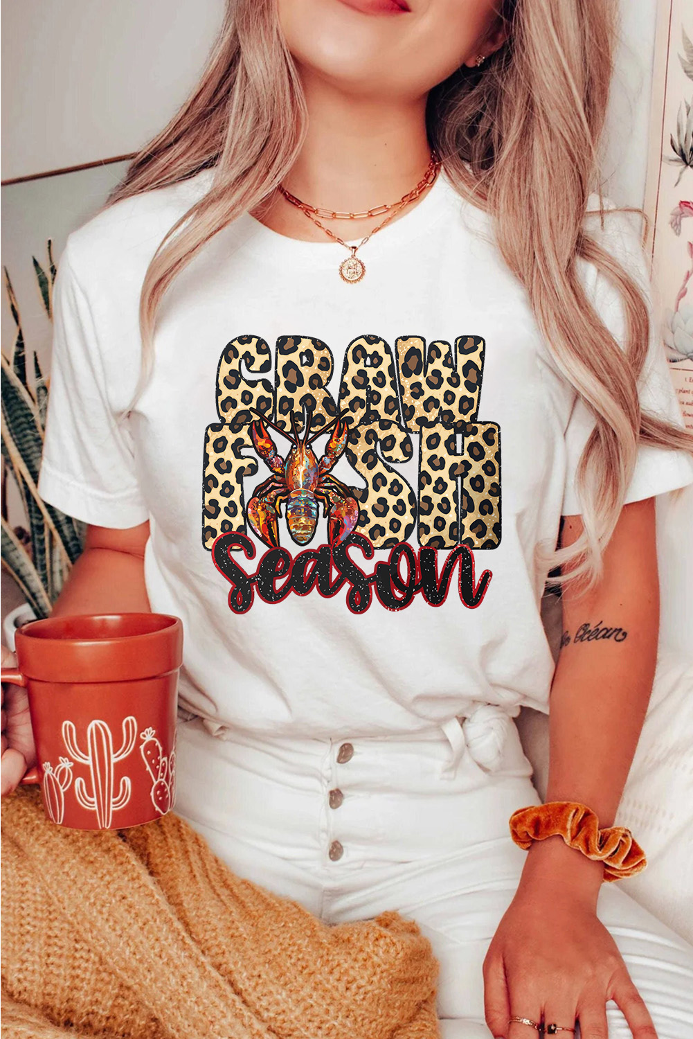 White Crawfish Season Leopard Letter Graphic Tee