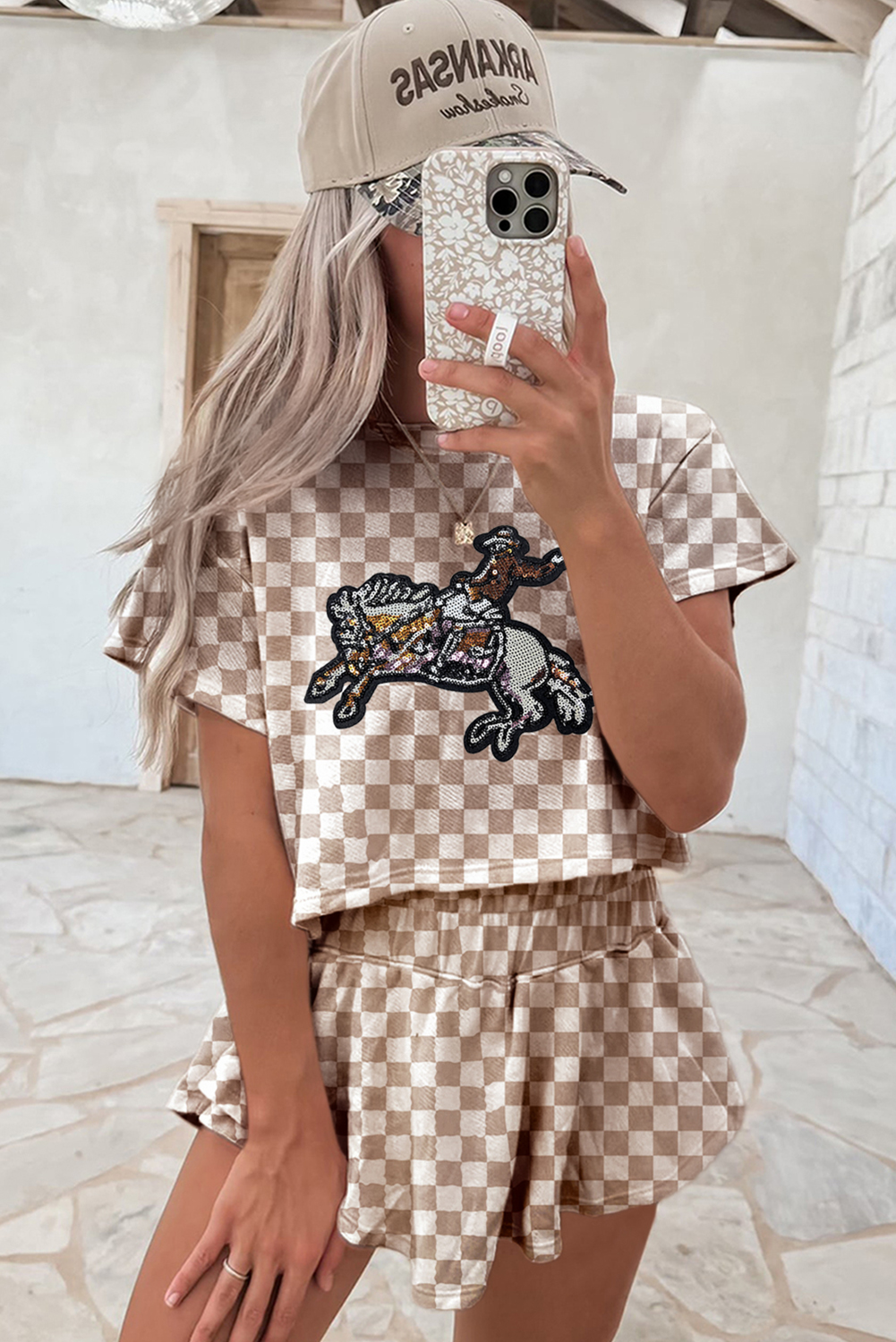 Brown Sequined Rodeo Graphic Checked Cropped Tee and Short Set