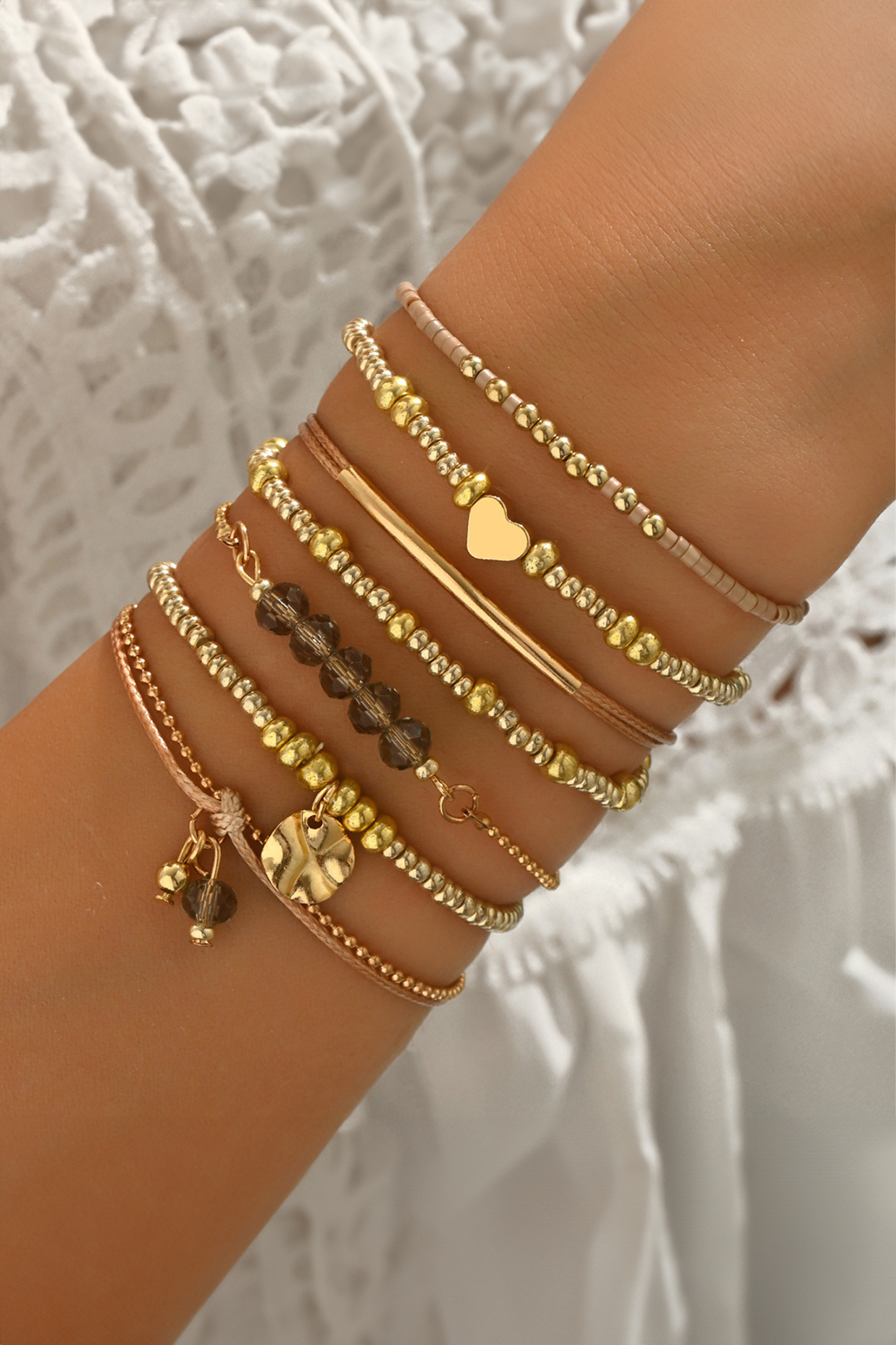 Gold 7pcs Bohemian Heart Bead Layered Bracelet Set