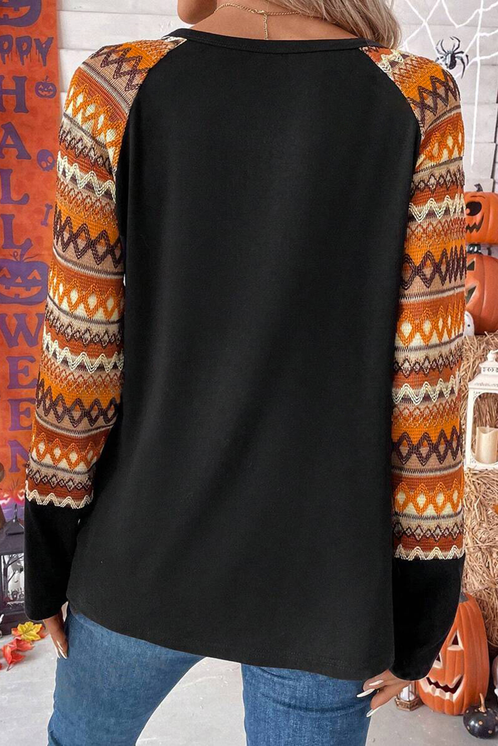 Orange SPOOKY SEASON Sequin Patched Halloween Graphic Contrast Long Sleeve Top