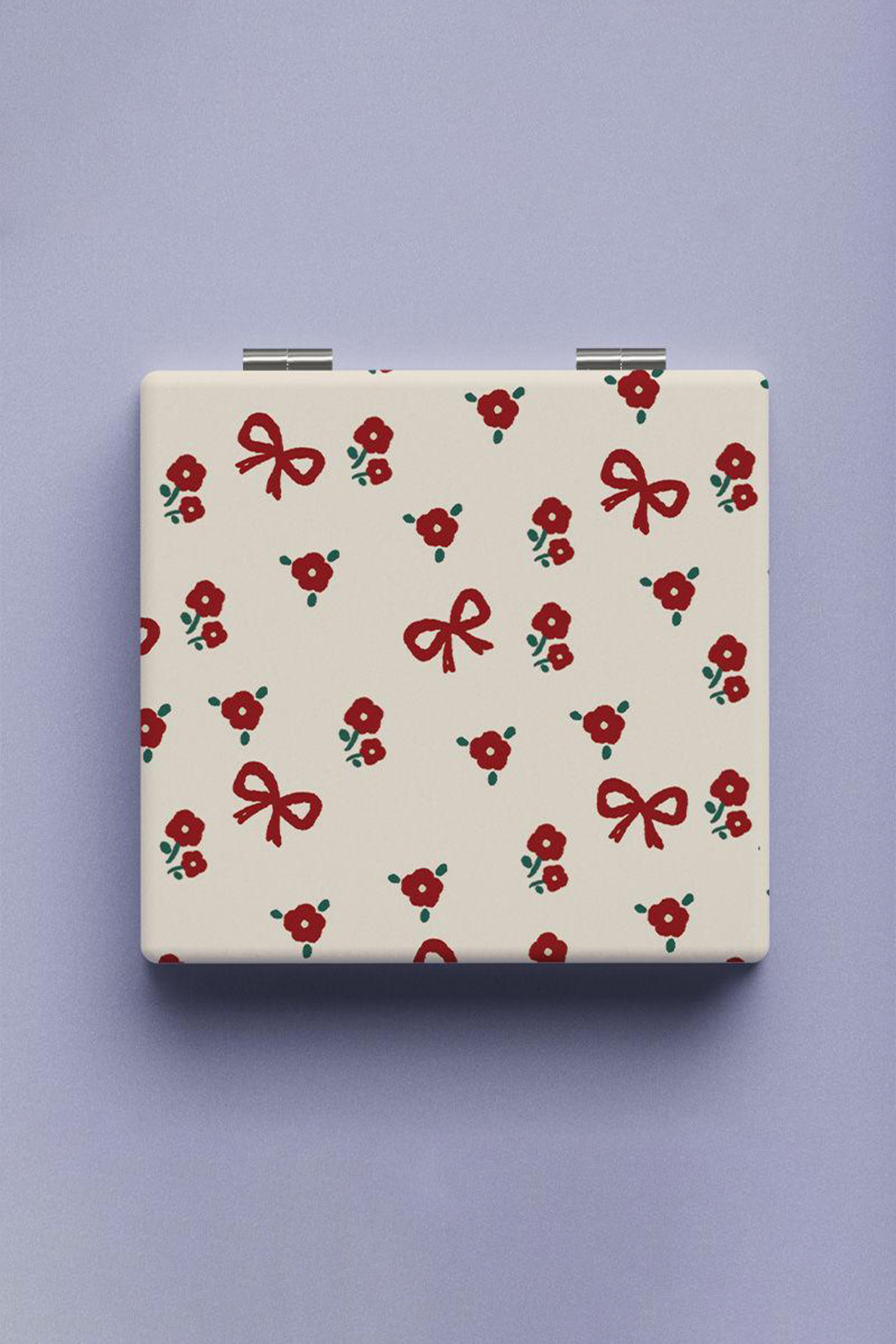 White Cute Flower Bow Printed Compact Travel Makeup Mirror