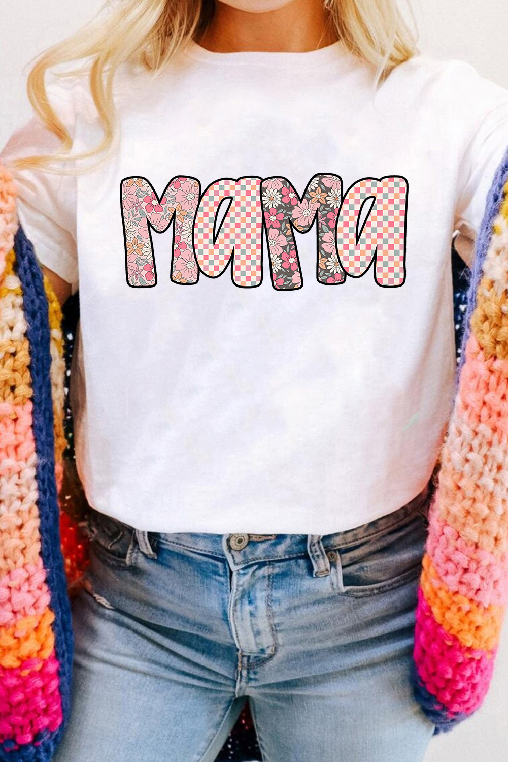 White Checkered Floral MaMa Graphic Crewneck T Shirt