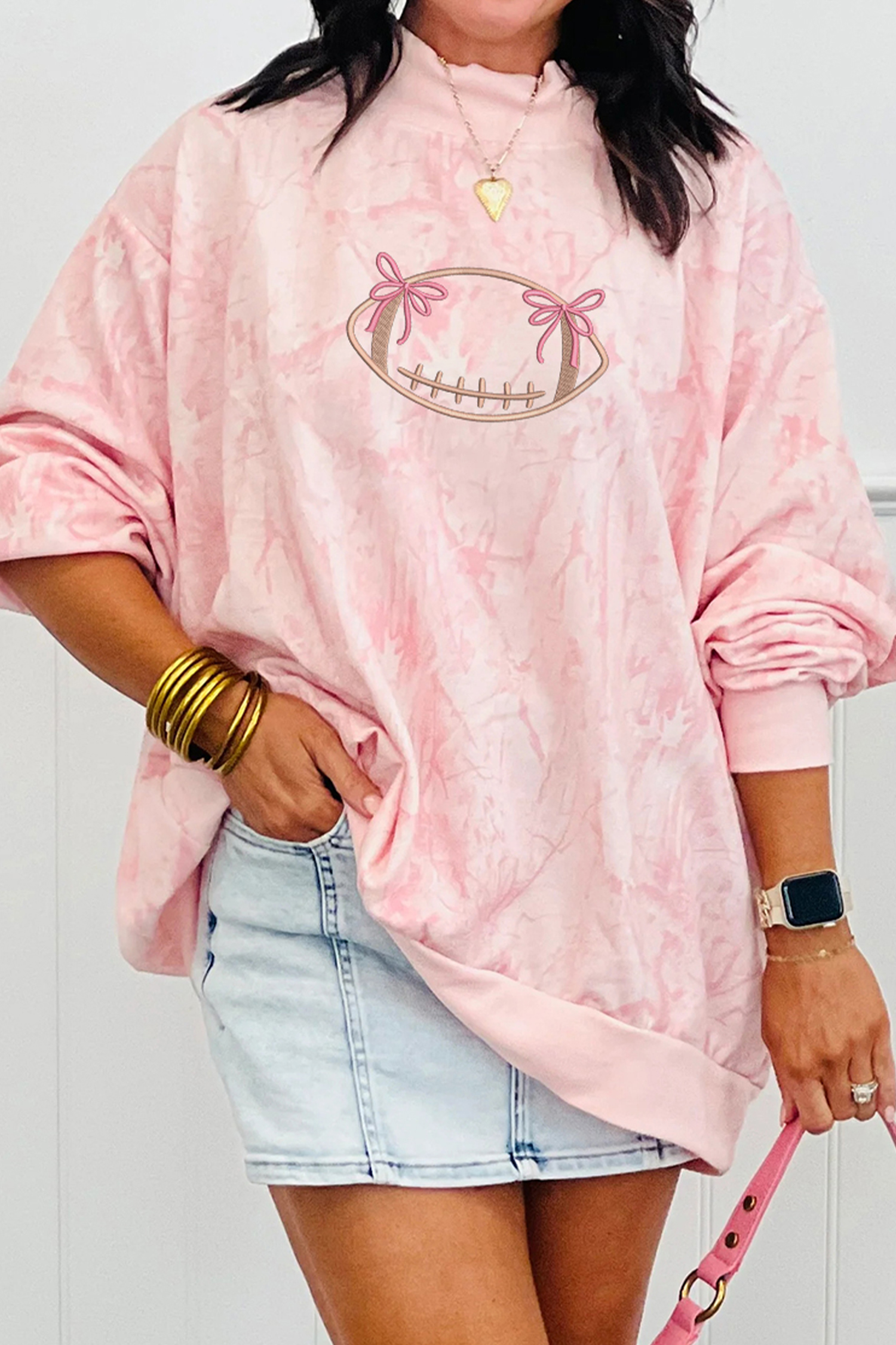 Pink Oversize Rugby Embroidered Camo Mock Neck Sweatshirt