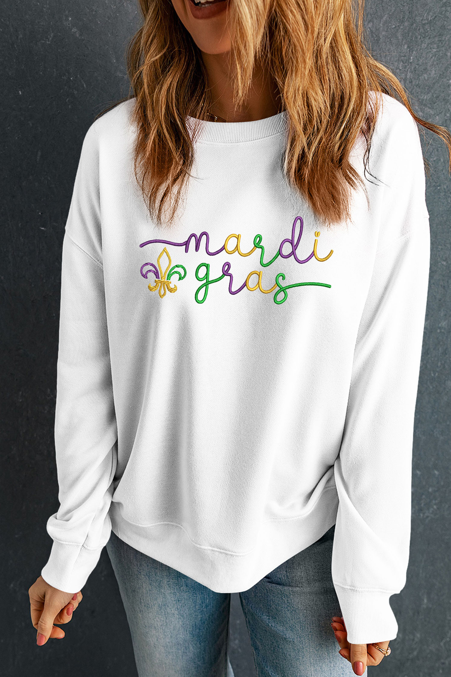 White mardi gras Fleur De Lis Embroidered Graphic Pullover Sweatshirt